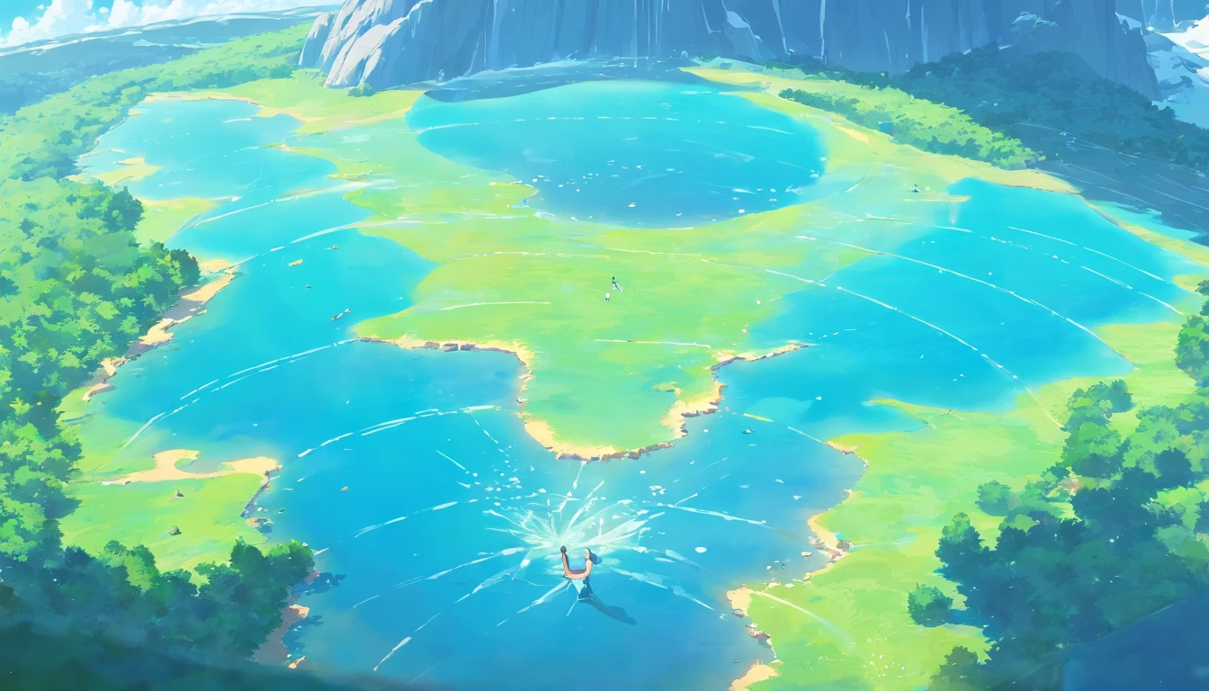 (Masterpiece,Best quality,Ultra clear wallpaper)Glacial lakes melt,clear blue skies,Fish jump out of a hole in the frozen lake,Floating on the frozen surface of the lake is a rock in the shape of a boy holding a girl's back,Floating stones in the distance