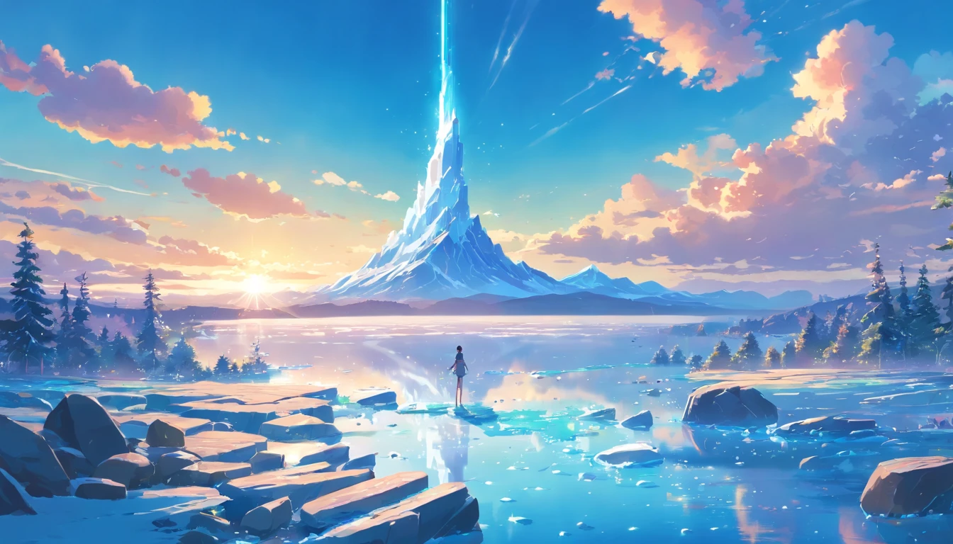 (best quality, highres:1.2, ultra-detailed, realistic:1.37), glaciers melting, crystal clear sky, fish jumping out from frozen lake holes, floating on the icy lake, a rock formation shaped like a boy embracing a girl, distant floating rocks, serene ambiance, sparkling ice crystals, shimmering reflections, magical winter wonderland, breathtaking landscape, untouched beauty, vibrant colors, expertly crafted scenery, awe-inspiring composition, exquisite attention to detail, perfect balance between light and shadows.