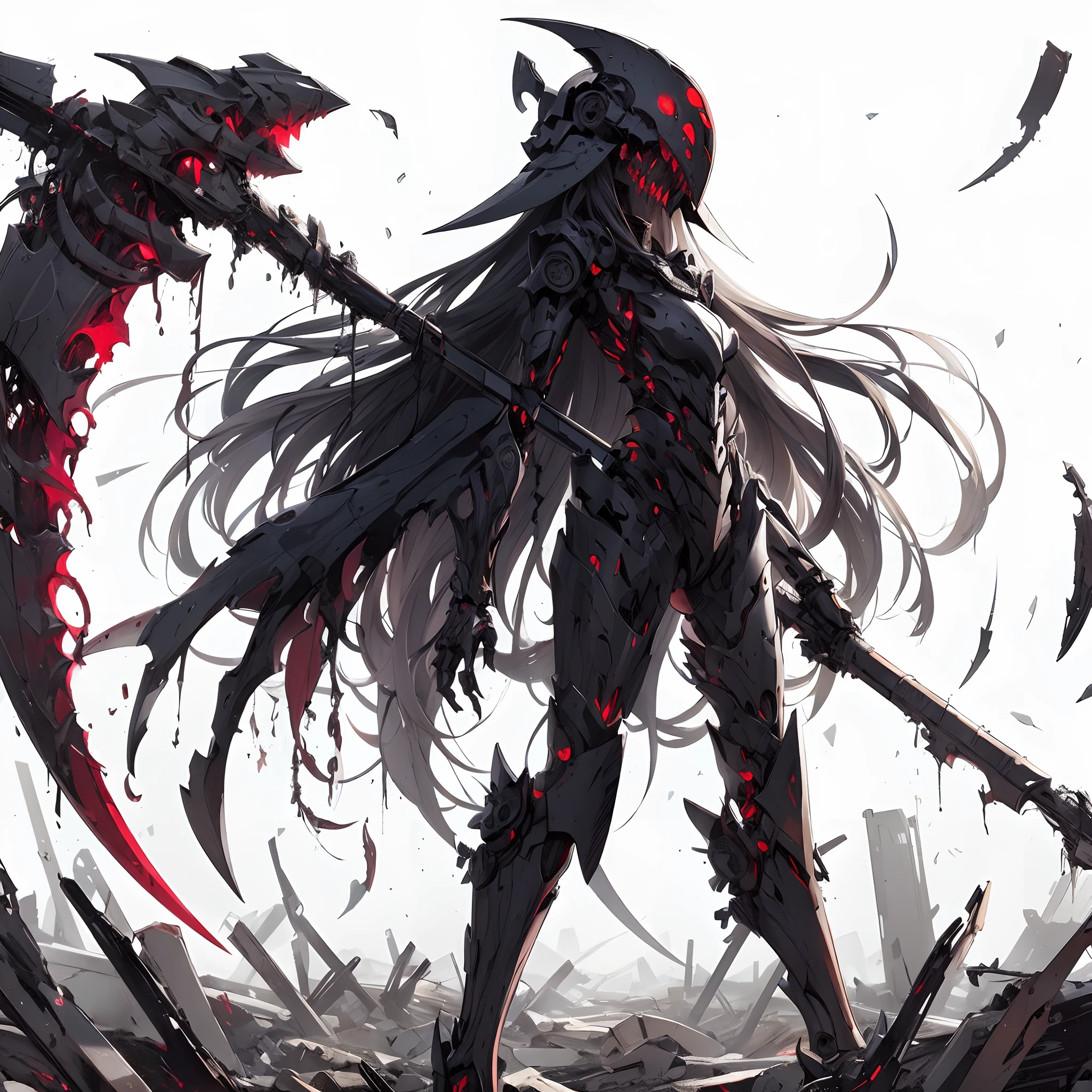(masutepiece), (Perfect athlete body:1.2), Full body, Knight of the Mechanical Life Form, Feminine figure, Black Armored, holding a scythe, Red Six Eyes, Fangs facing large jaws, high heels boots, Mechanized limbs, White background, Whole body, Standing in the wasteland