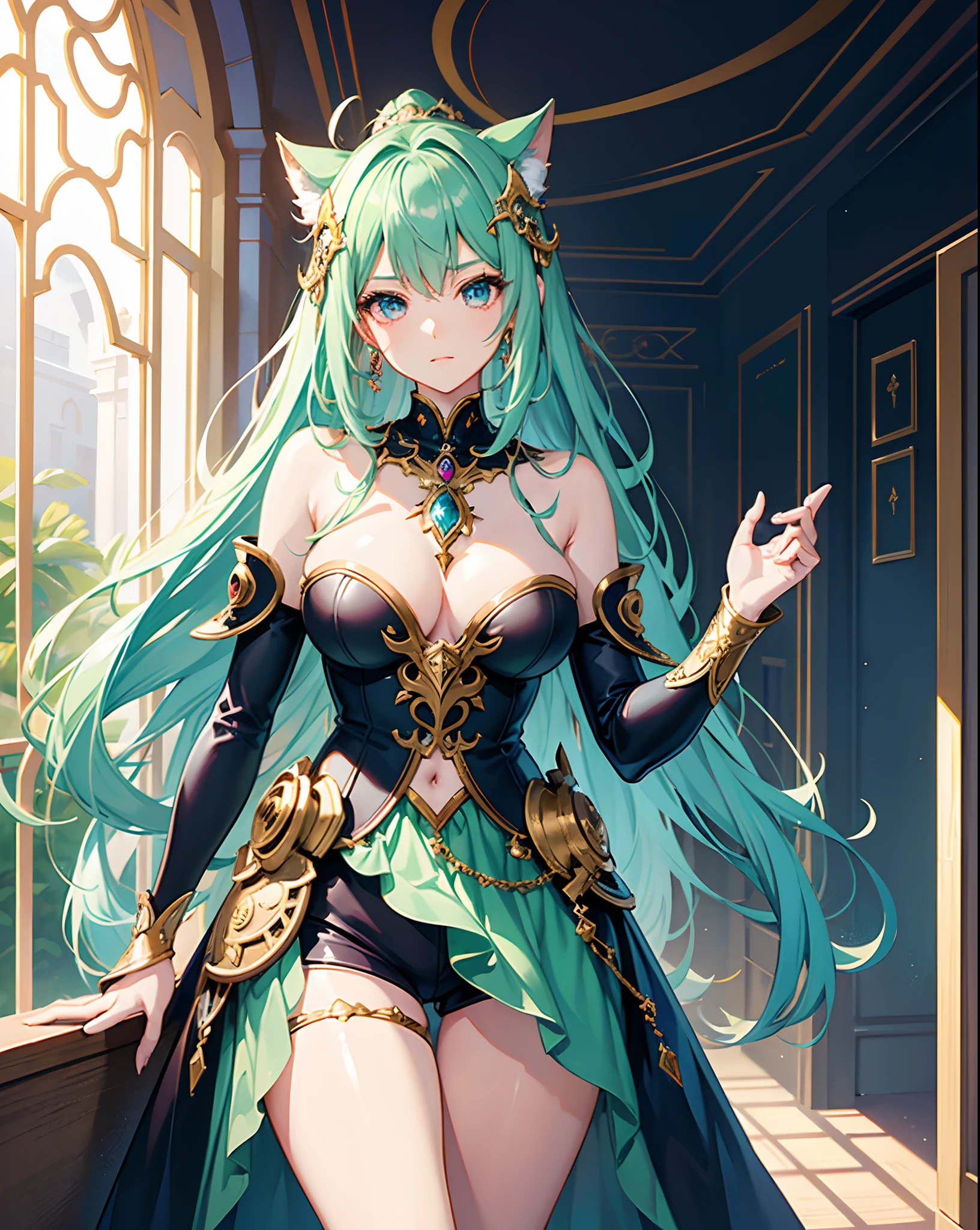 digital art, an anime girl, pretty face, pretty hair, fantasy hair, fantasy colored hair, fantasy eyes, pretty eyes, looking charming and bright, wearing super fantasy delicate tops and shorts, ultra detailed exotic outfit, wearing pretty fantasy jewelry, omit ugly hands, in a detailed exotic beautiful fantasy land, good lighting, super fantasy and cozy atmospheres