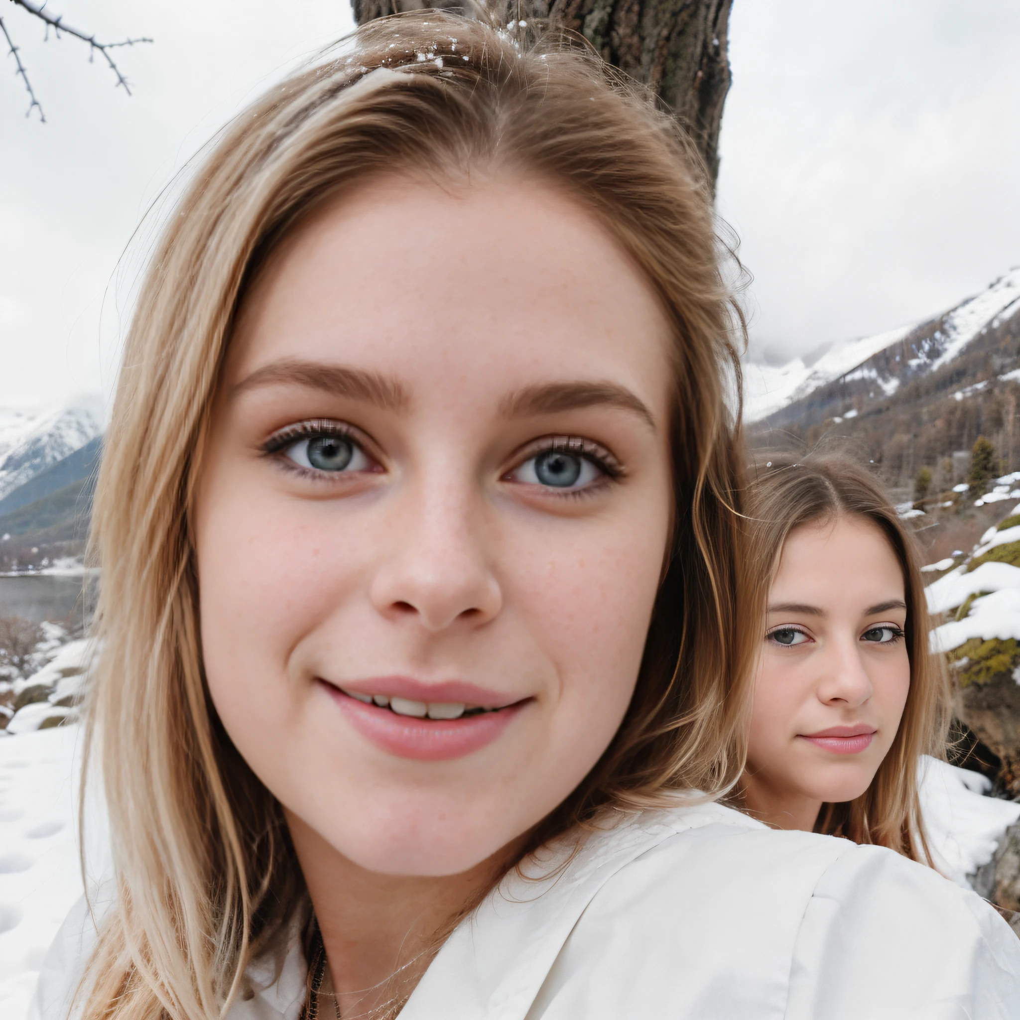 (upper body), two blue eyed young girls take a playful selfie against the backdrop of a snowy mountain. The background features a picturesque river and a majestic bare tree, their branches reaching towards the sky. One of the girls has beautiful flowing blonde hair, while the other has lovely brown hair that complements the wintry landscape. Both girls embrace the frosty adventure without hats or hoods, their smiles radiating warmth and happiness. The high-resolution image captures every detail, from the individual snowflakes on their hair to the texture of the tree bark, immersing viewers in the serene beauty of the snowy mountain scene. skin texture, ultra high res, RAW, instagram LUT, ultra-detailed, cinematic light, side lighting, ultra high resolution, best shadow, RAW, 4k, ((masterpiece)), ((best quality)), ((intricately details)), ((ultra-realistic realism)),  Ridiculous res,  highly detailed, detailed fingers), (extremely detailed eyes and face), (beautiful detailed nose), (beautiful detailed thigh), (beautiful detailed eyes), avril lavgne, hayley williams