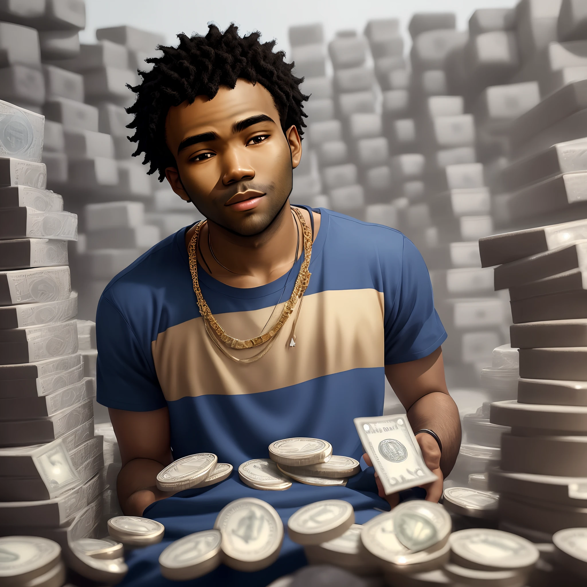 Generate an image of childish Gambino with diamond grills, a diamond chain, and a stack of money