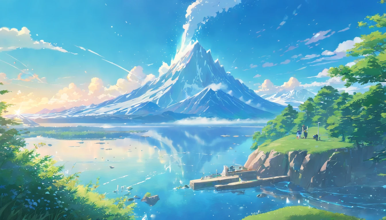 (Best quality, A high resolution:1.2, Ultra-detailed, Realistic:1.37), Glaciers melt, Clear sky, Fish jump out of a hole in a frozen lake, Float on the icy lake, A rock formation shaped like a boy hugging a girl, Distant pumice, tranquil ambiance, Sparkling ice crystals, sparkling reflections, A magical winter wonderland, breathtaking landscape, Unspoiled beauty, Vibrant colors, Elaborate landscape, awe-inspiring composition, exquisite attention to detail, The perfect balance between light and shadow.