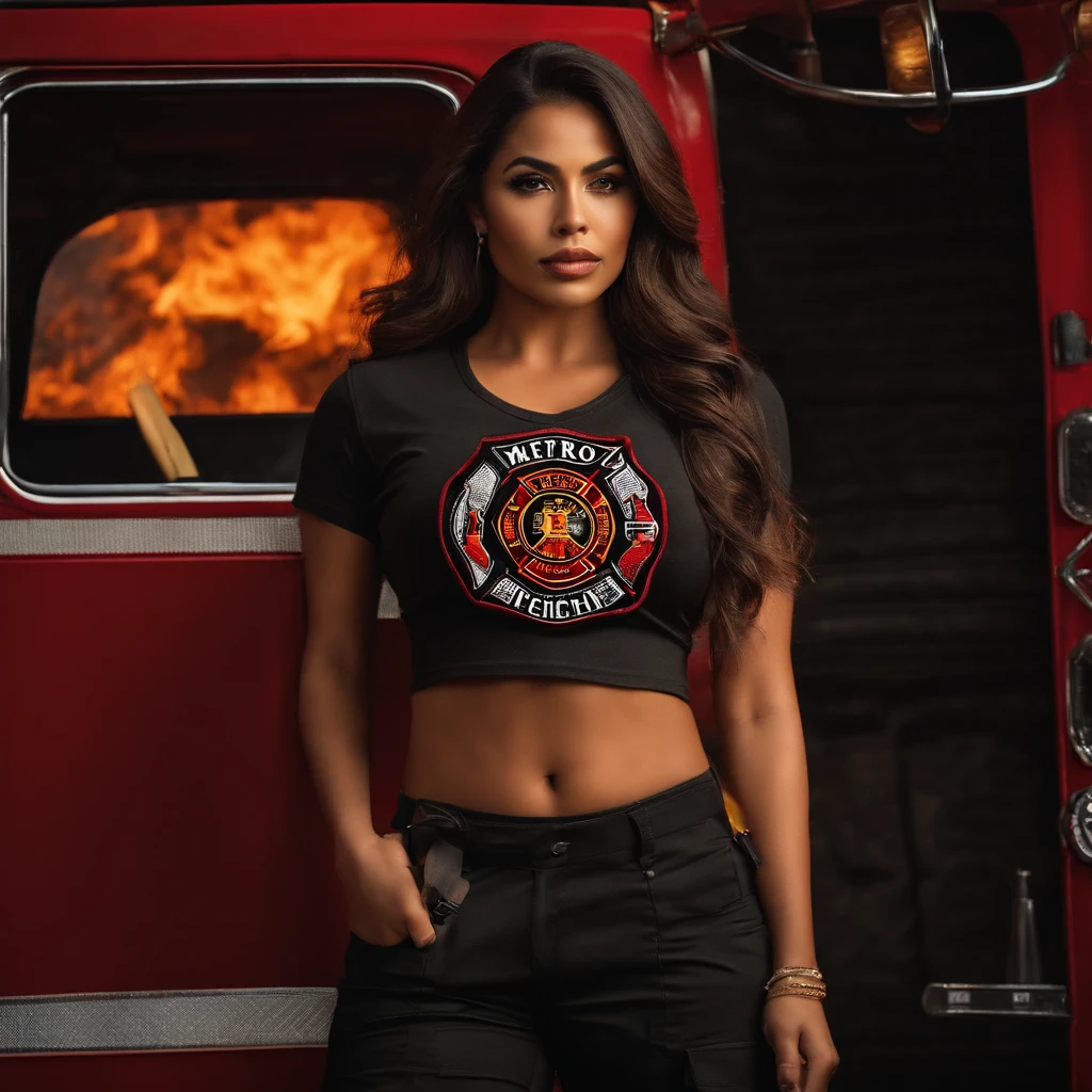 Sexy 20 year old latina women showing her dark long cargo firefighter turnout pants with couplings and strap suspenders and wearing less dark short sleeve crop top tshirt says metro city fire department printed on the back