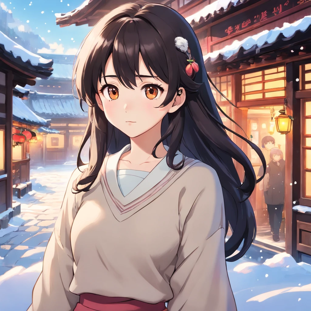 girl of 20 years old, Long cascade hairstyle, brown eye ( Highly detailed pupils), black hair color, She is dressed in a tight skirt and sweater ( High detail of clothing, hiquality), Average height, slightly chubby cheeks, Fox Look, Ancient China Background, Snow is falling, pink cheeks, Chiseled nose