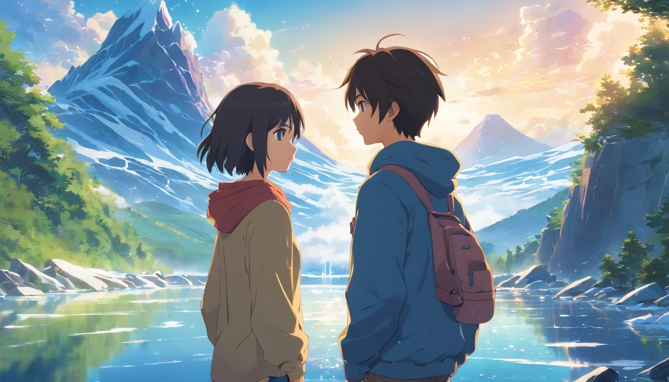 (Best quality, A high resolution:1.2, Ultra-detailed, Realistic:1.37), Glaciers melt, Clear sky, Fish jump out of holes in frozen lakes, Float on the icy lake, Rock formations shaped like boys hugging girls, Distant pumice, tranquil ambiance, Sparkling ice crystals, sparkling reflections, A magical winter wonderland, breathtaking landscape, Unspoiled beauty, Vibrant colors, Elaborate landscape, awe-inspiring composition, exquisite attention to detail, The perfect balance of light and shadow.