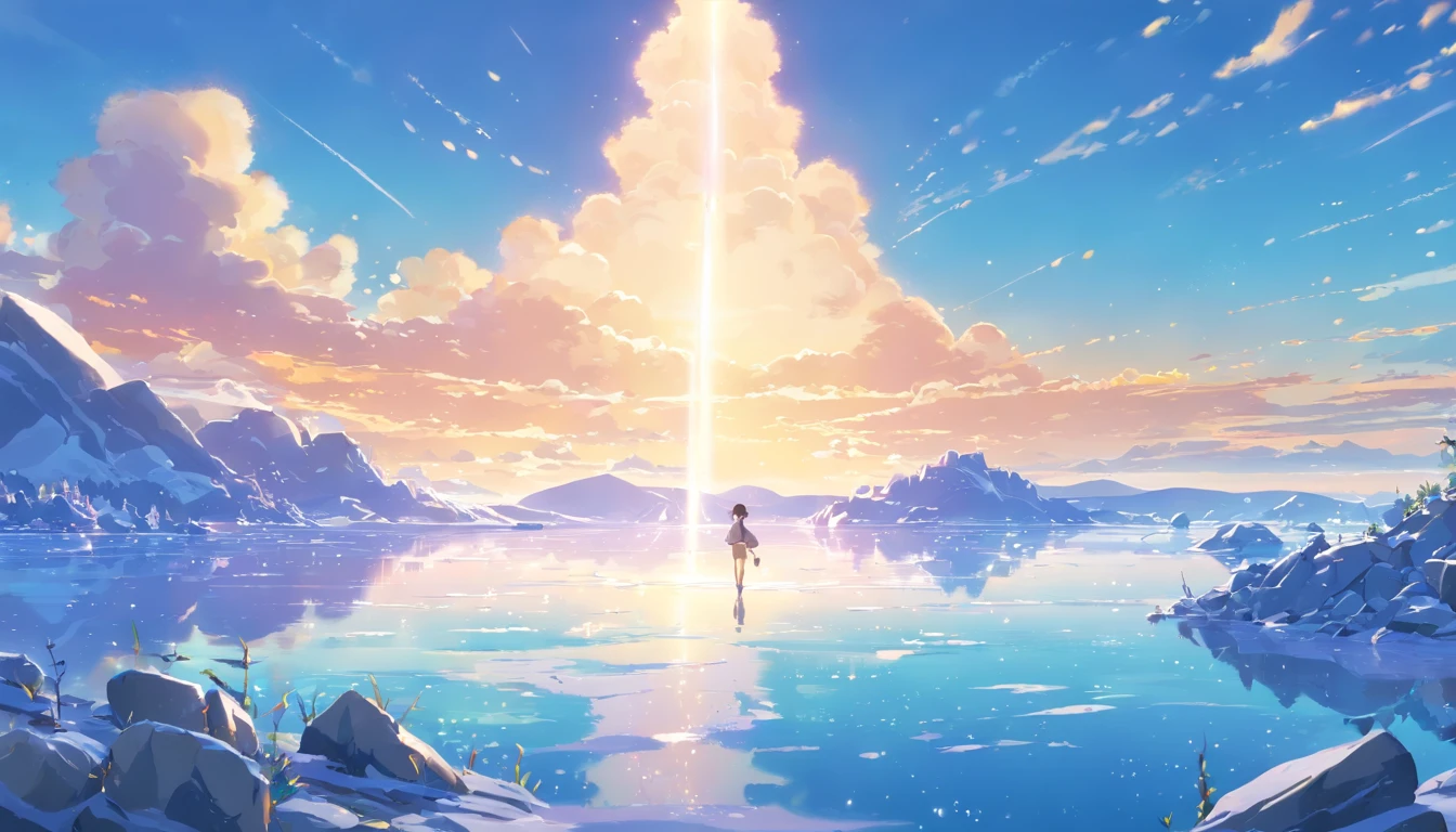 (Best quality, A high resolution:1.2, Ultra-detailed, Realistic:1.37), Glaciers melt, Clear sky, Fish jump out of holes in frozen lakes, Float on the icy lake, Rock formations shaped like boys hugging girls, Distant pumice, tranquil ambiance, Sparkling ice crystals, sparkling reflections, A magical winter wonderland, breathtaking landscape, Unspoiled beauty, Vibrant colors, Elaborate landscape, awe-inspiring composition, exquisite attention to detail, The perfect balance of light and shadow.