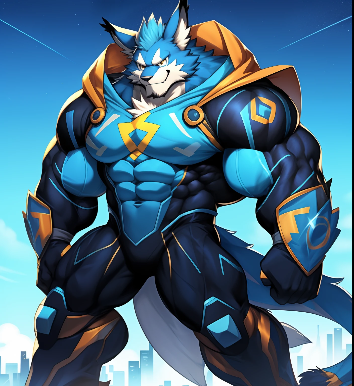 coyote，Furry，Blue-white hair，musculature，Muscle men，nakeness，Strong，ultraclear，Has a large ，Collar，Black  shorts，Black sclera，red pupils，Abs，Yellow coat，The erection，Collar，Has a large ，der riese，tit，Solo，Stout arms，Storm jacket，Badge，Pronounced abs，ssmile，subway station background，Urban style，hold fists,Big Dick，Light blue storm jacket，Red gloves，Blue shoes，Wings