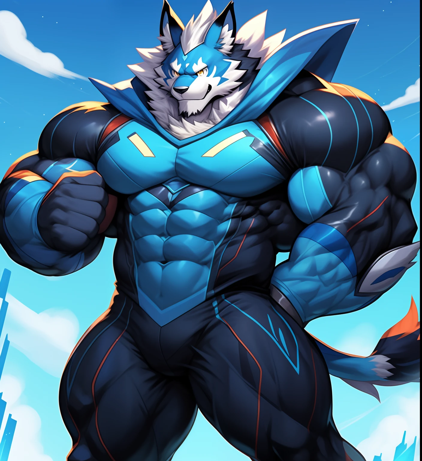 Antecedentes de la ciudad, Rascacielos, Futuristic city, Noche, Estrellas, Luces nocturnas, Leomon Gigachad, super hero, hero, bodysuit, massive muscles, pectorales enormes, ABS cincelados, pectorales enormes, Exaggeratedly huge muscles. A furry hero whose presence inspires trust and respect. (((His hero costume is black and sky blue.)))