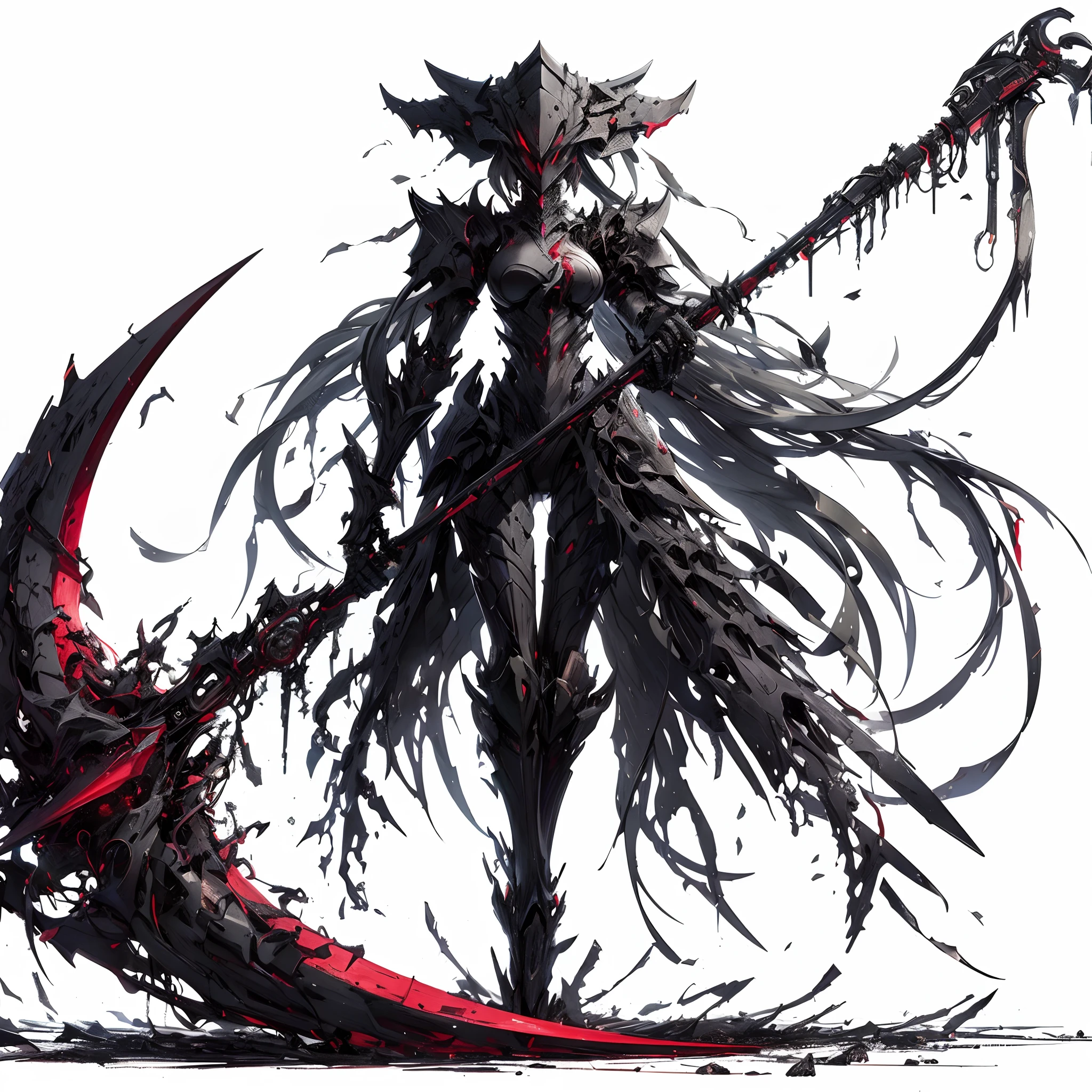 (masutepiece), (Perfect athlete body:1.2), Full body, Knight of the Mechanical Life Form, Feminine figure, Black Armored, Holding a scythe, Red Six Eyes, Fangs facing large jaws, high heels boots, Mechanized limbs, White background, Whole body, Standing in the wasteland
