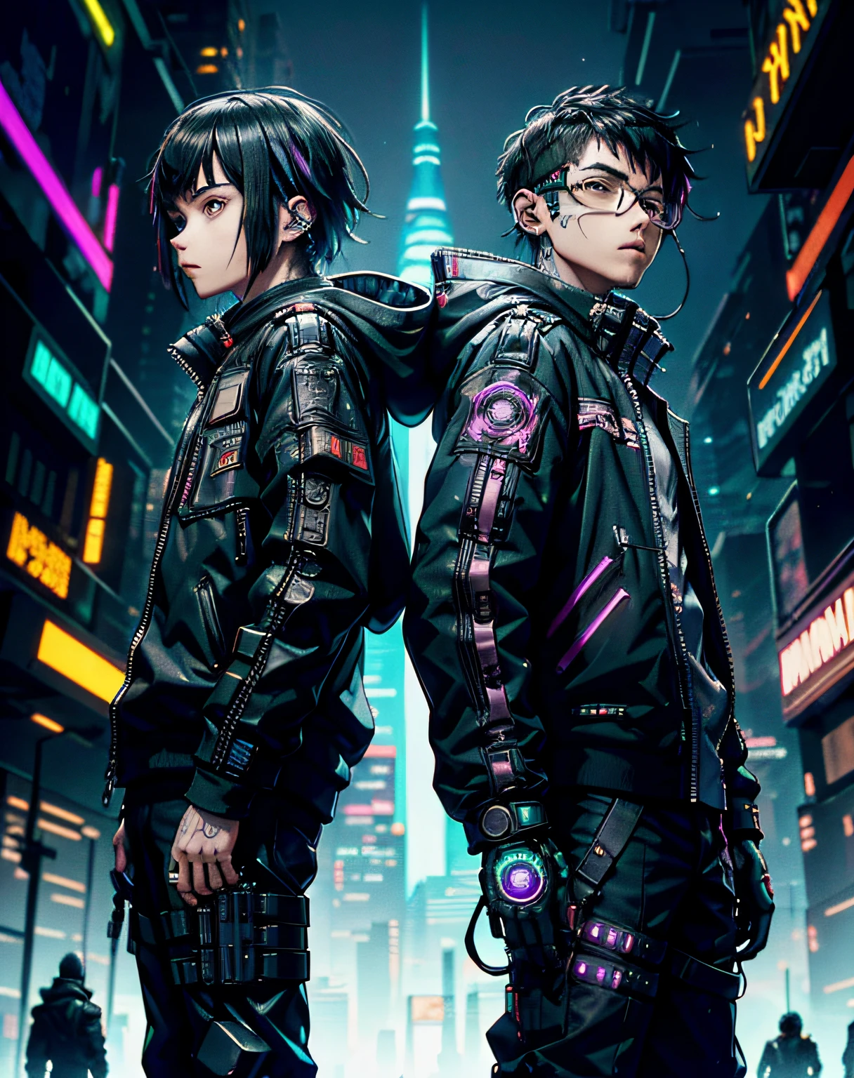(Cyberpunk) (best quality, master part:1.2), fotorrealista, contornos espessos, sombras fortes, cartaz do filme de (2Meninos, Twin boys:1.1), cabelos brancos multicoloridos, Back-to-back, Posando, confiante, tiro de close-up, Olhando para o Viewer, Standing, roupa de assassino cyberpunk, Techwear, Advanced technology, distopia sombria, mechanical parts, Neon light,, brincos, joias de ametista, aurora boreal no fundo, (Cyberpunk)