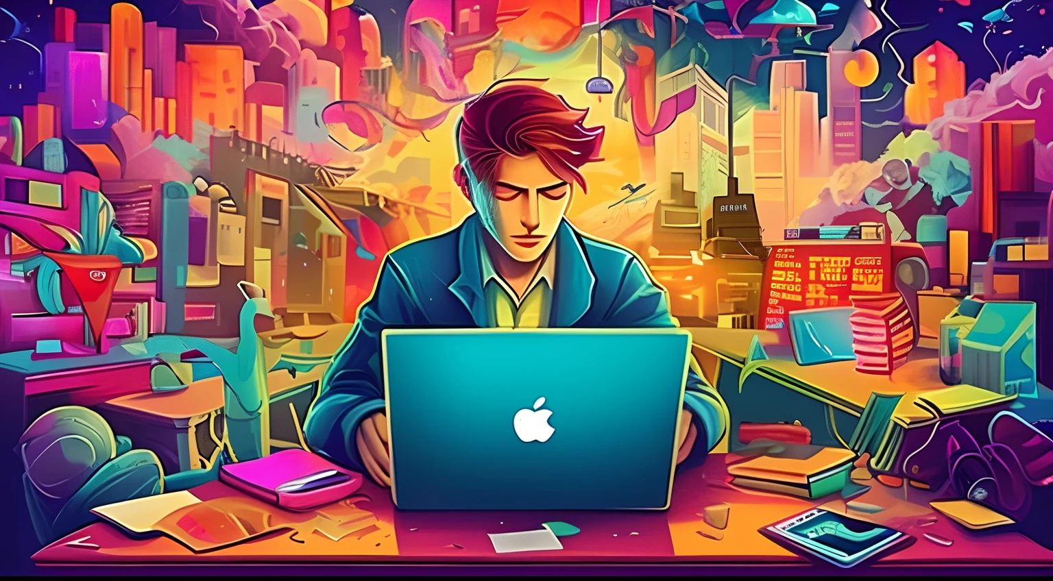 a close up of a person sitting at a desk with a laptop, in style of cyril rolando, inspired by Cyril Rolando, digital art style, in style of digital illustration, by Cyril Rolando, cyril rolando and goro fujita, cyril rolando and m. w kaluta, cyril rolando and m.w kaluta, adobe ilustrator