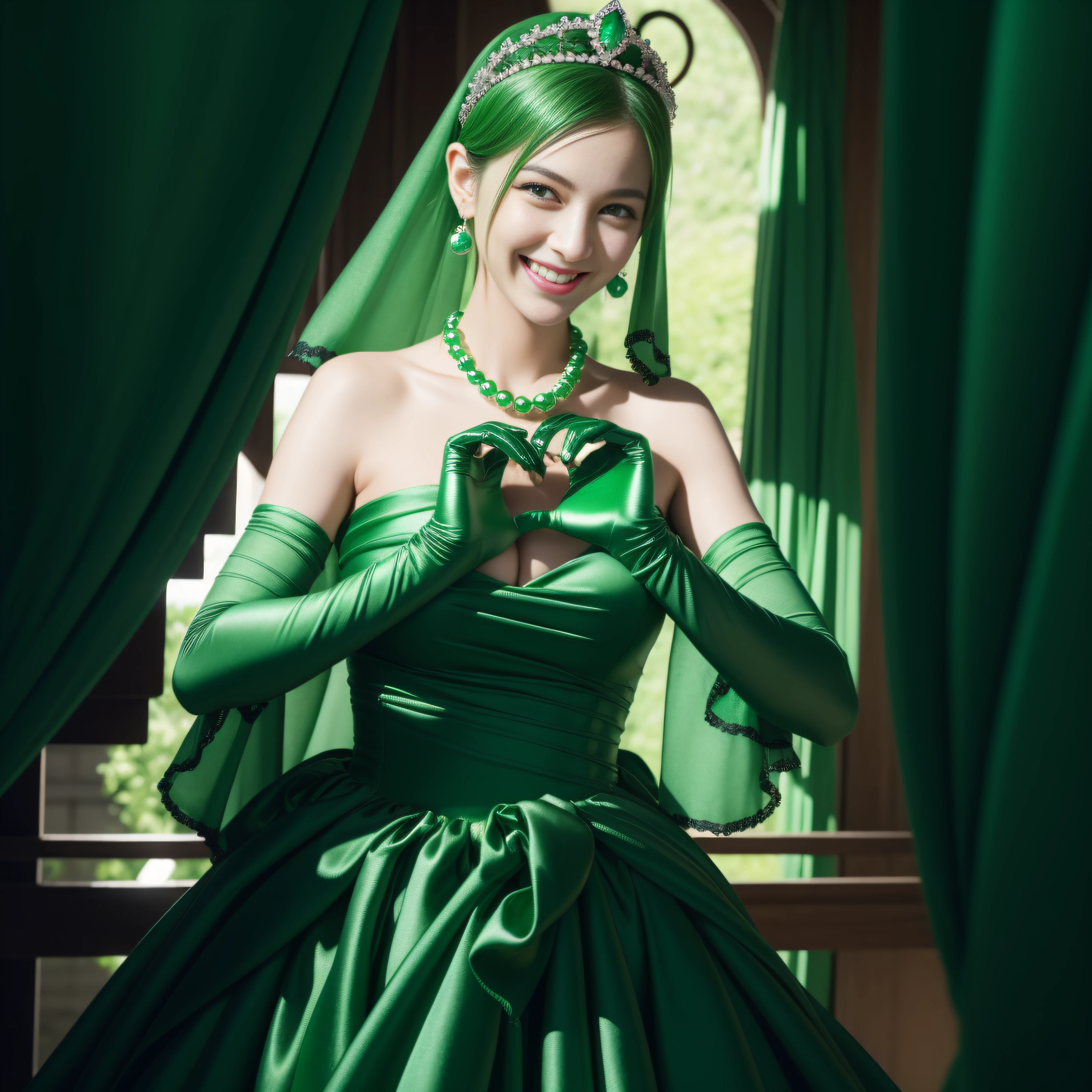 emerald tiara, Green Pearl Necklace, Boyish very short green hair, lipsticks, Japan woman smiling, very short short hair, big breasts beautiful, Green eyes, Long green gloves made of satin material, Green eyes, Emerald Earrings, green vale, Heart with both hands