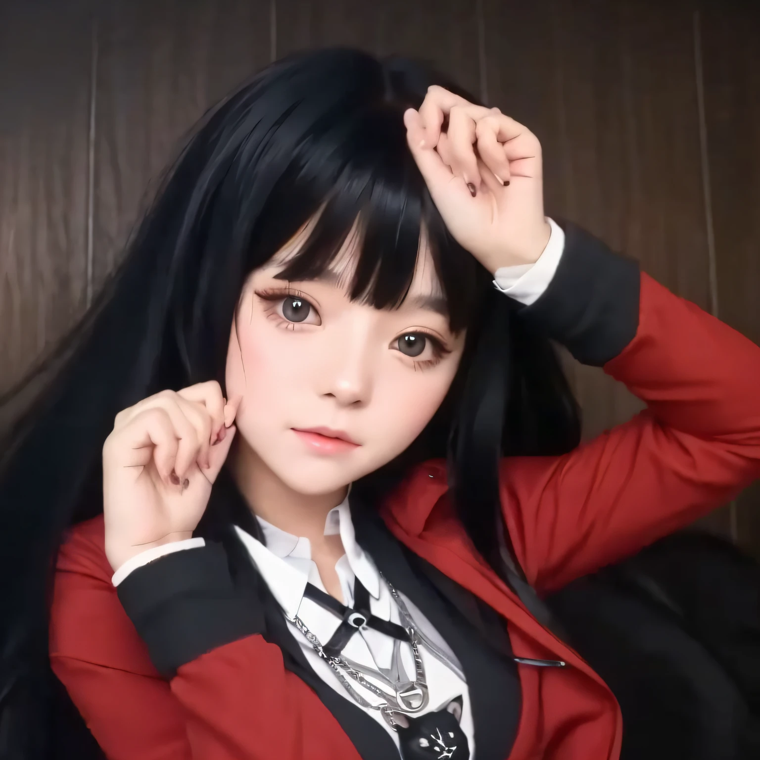 girl, cute, blushed, black hair, cat pose, brown eye, black hair, white dress, red jacket, silver necklace, ultra high res.photorealistic:.1.4,UHD