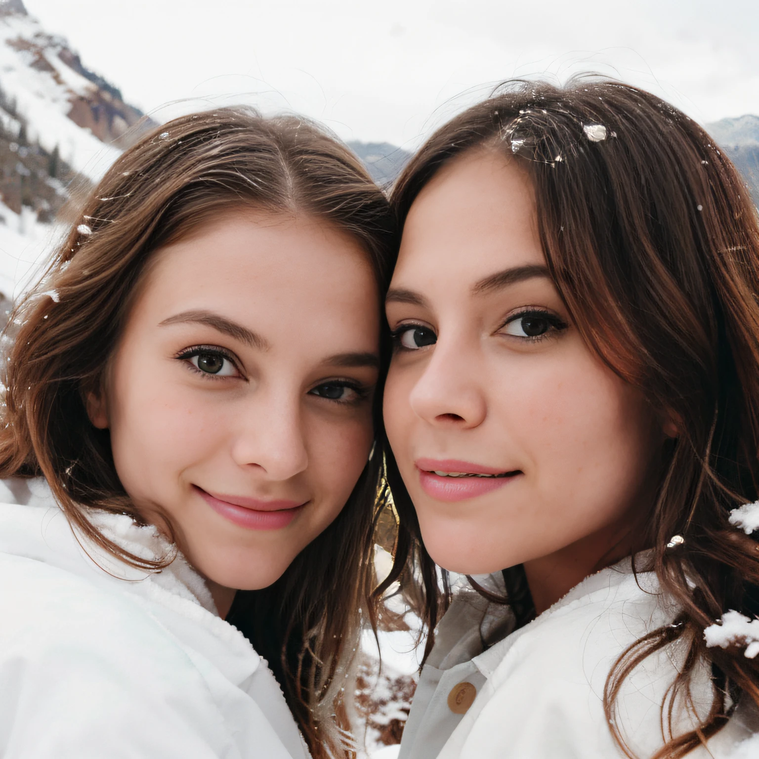 (upper body), two young girls take a playful selfie against the backdrop of a snowy mountain. The background features a picturesque river and a majestic bare tree, their branches reaching towards the sky. One of the girls has beautiful flowing blonde hair, while the other has lovely brown hair that complements the wintry landscape. Both girls embrace the frosty adventure without hats or hoods, their smiles radiating warmth and happiness. The high-resolution image captures every detail, from the individual snowflakes on their hair to the texture of the tree bark, immersing viewers in the serene beauty of the snowy mountain scene. skin texture, ultra high res, RAW, instagram LUT, ultra-detailed, cinematic light, side lighting, ultra high resolution, best shadow, RAW, 4k, ((masterpiece)), ((best quality)), ((intricately details)), ((ultra-realistic realism)),  Ridiculous res,  highly detailed, detailed fingers), (extremely detailed eyes and face), (beautiful detailed nose), (beautiful detailed thigh), perfect face, (beautiful detailed eyes), avril lavgne, hayley williams