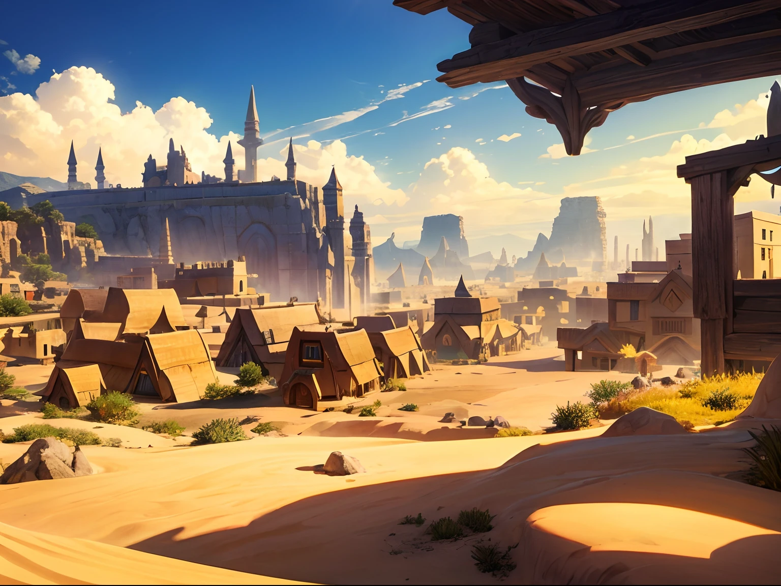 Unreal, (village), (town), A peaceful town of earth crystals in the desert, A colossal fang im the middle of the town, (hobbit architecture), yellow hue, sky with bright sunlight and sand storm.