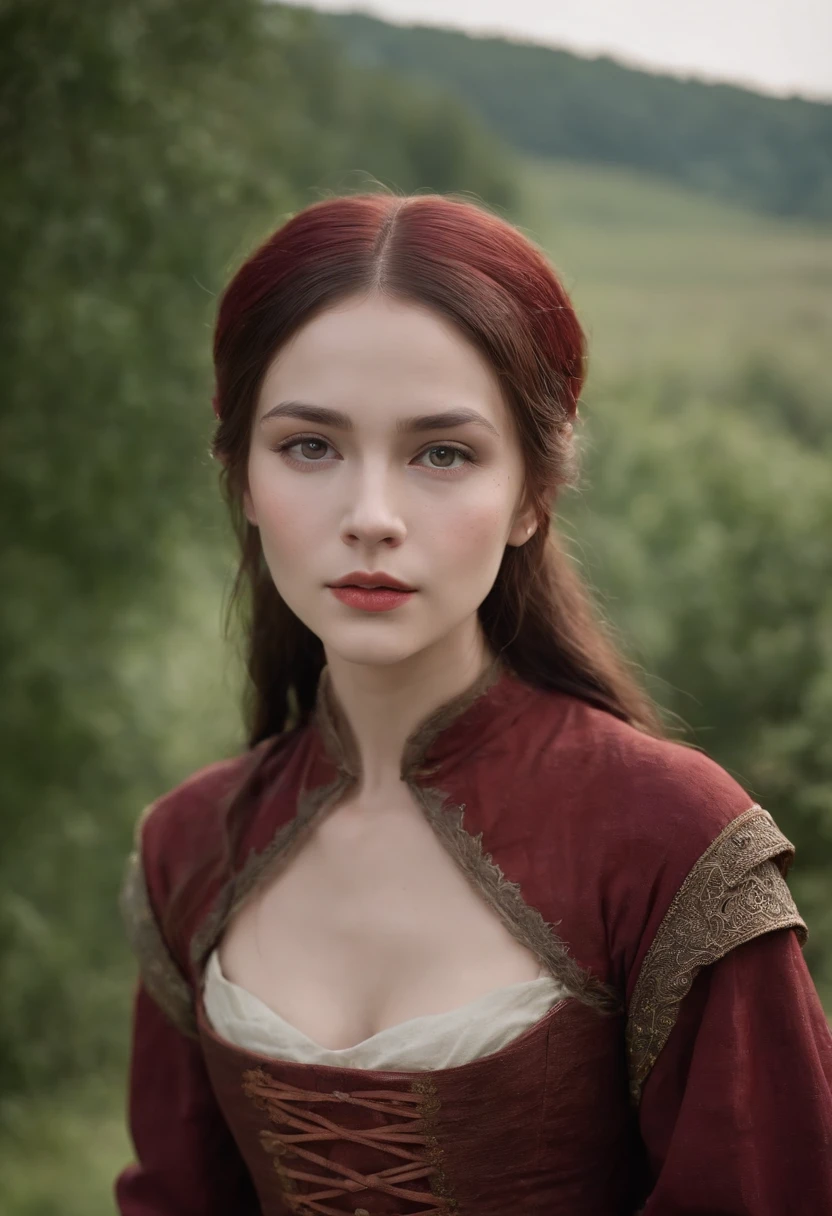 (((a deep reddish wound crosses her left cheek))) fair complexion, three sisters of witches around 15 years old, the first one have natural black hair,the second one have blonde short ponytail hair, the third one have a short red hair ,distinctive green yes, wearing kohl, slender and graceful, beautiful, candlelight in a medieval setting, ultra sharp focus, realistic shot, medieval female clothes, tetradic colors (scar:1.4)