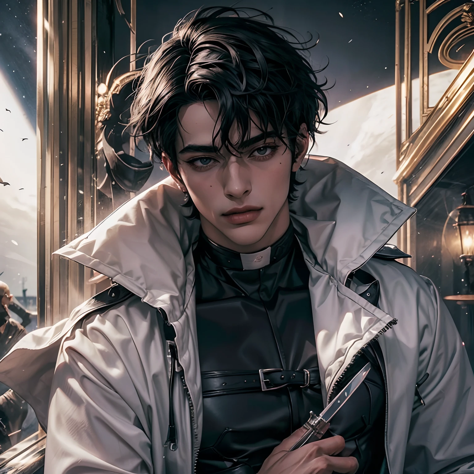 Manhwa Arte Europeo, 25 years old man, Pelo desordenado de la cabecera, Cabello negro azabache, ojos penetrantes, cejas gruesas, Llevar disfraz de vampiro, ojos amarillos, orejas punteagudas, colmillos salientes de su boca, sangre resbalando de su boca, amenazante, sexy, sensual, razor-sharp jawline, mirada penetrante, Cold and mysterious character, 8k, Detailed features, muy guapo, sonriente, actitud fiestera, ENTP, fiesta, traje de gala, cuerpo entero