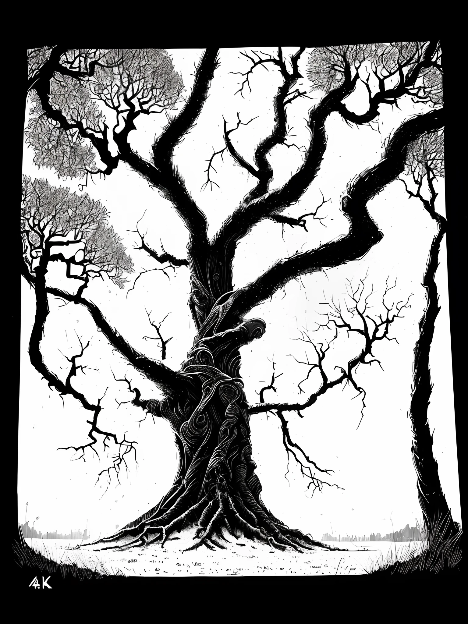 ((Best quality, 8K, Masterpiece: 1.4)),((Amazing detail: 1.3)),((illustration: 1.2)),((high resolution: 1.1)),A tree made up of skeletons,Black and white painting,Black and white illustration,Dark sky,Dark style,Dark fantasy,Horror,Detailed cover artwork,Snow,Delicate,