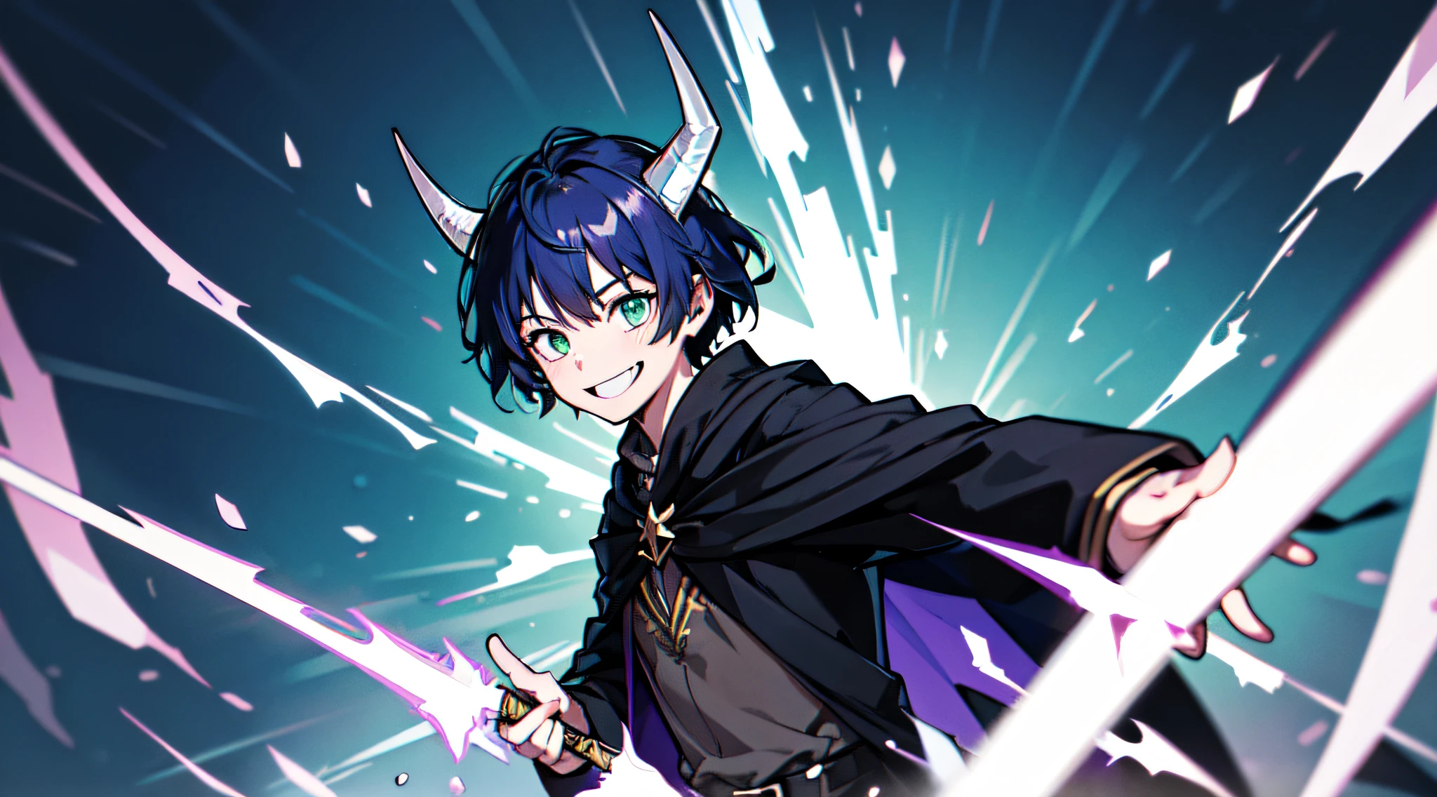 top-quality、​masterpiece、Boy with short purple hair、Green eyes、demonic horns、A smile、Harry Potter's black-robed outfit、Battle pose with magic wand、Thumbnail image、The background is solid blue.