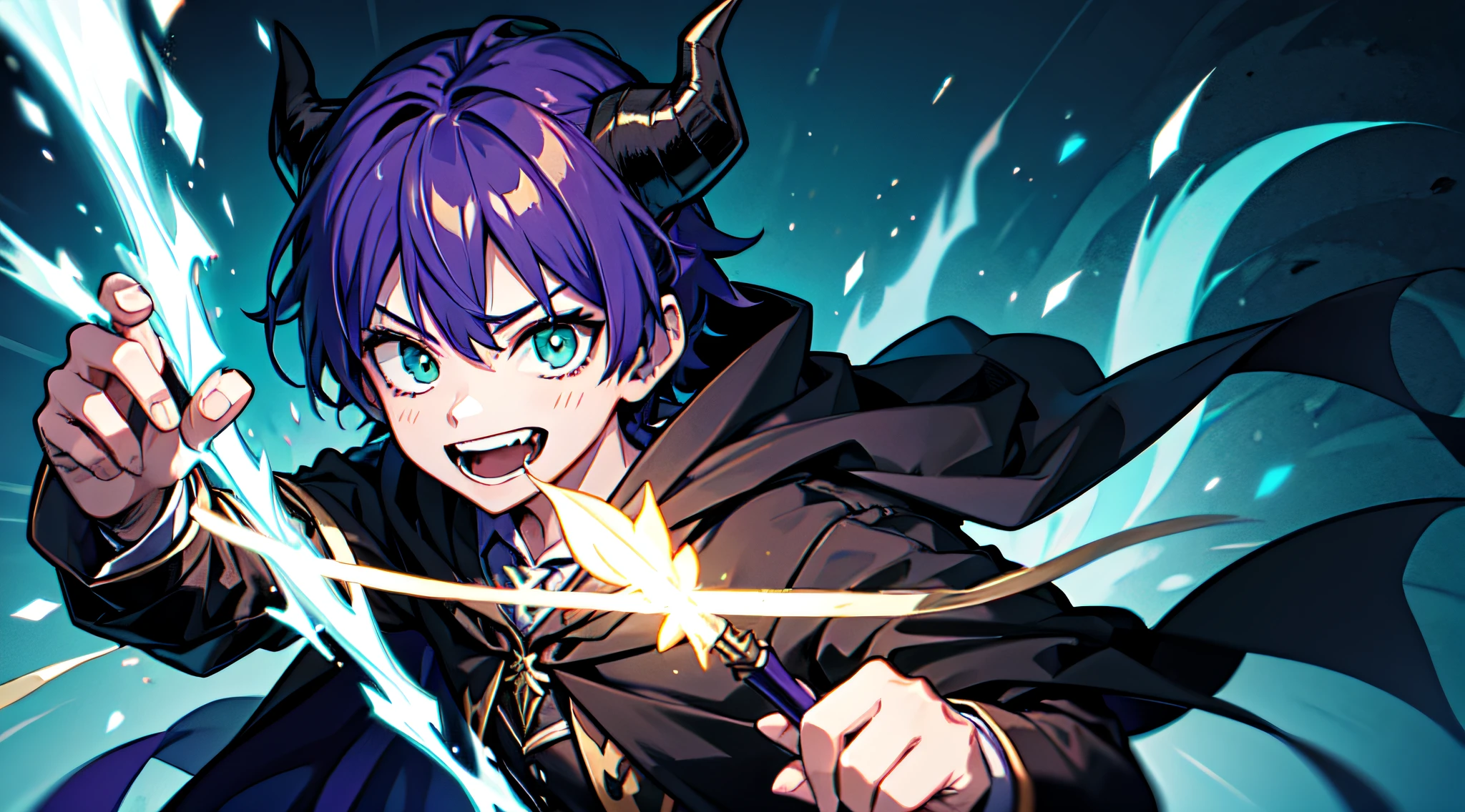 top-quality、​masterpiece、Boy with short purple hair、Green eyes、demonic horns、A smile、Harry Potter's black-robed outfit、Battle pose with magic wand、Thumbnail image、The background is solid blue.