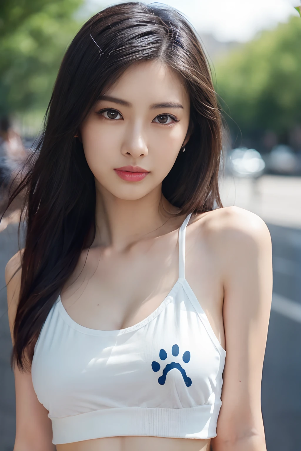 (Cowboy Shot:1.4), (Cinematic aesthetics:1.4),
Photos of beautiful models, Bokeh,
Stand in front of a fashionable café in Paris, (plein air:1.3), during the day, Japanese,
((Ultra-detailed)), Best Quality, 1girl in, Solo, high quality texture,
Intricate details, Detailed texture, high quality shadow,
realistic representation of face, Detailed beautiful delicate face, Detailed beautiful delicate eyes,
A perfectly proportioned face, light source contrast,
Perspective, 20s, distinct image, Lustrous skin, Solo Focus, (finely detailed beautiful eyes and detailed face),
BREAK
(She wears a white tank top、Cat paw prints printed on the left and right breasts:1.4),
Slender body, Taut, semi long hair,
Cute poses