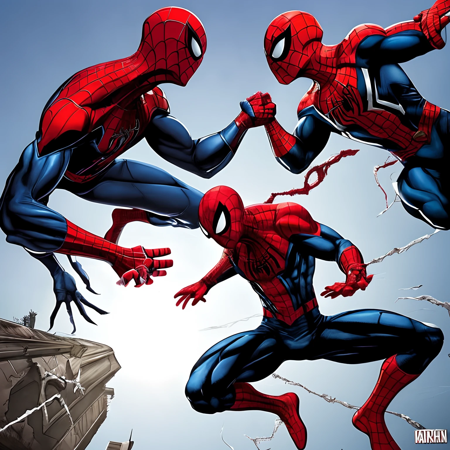 "Draw an epic confrontation scene between Spider-Man and Venom, with both characters in action positions, highlighting their distinct features and the tension in the confrontation."