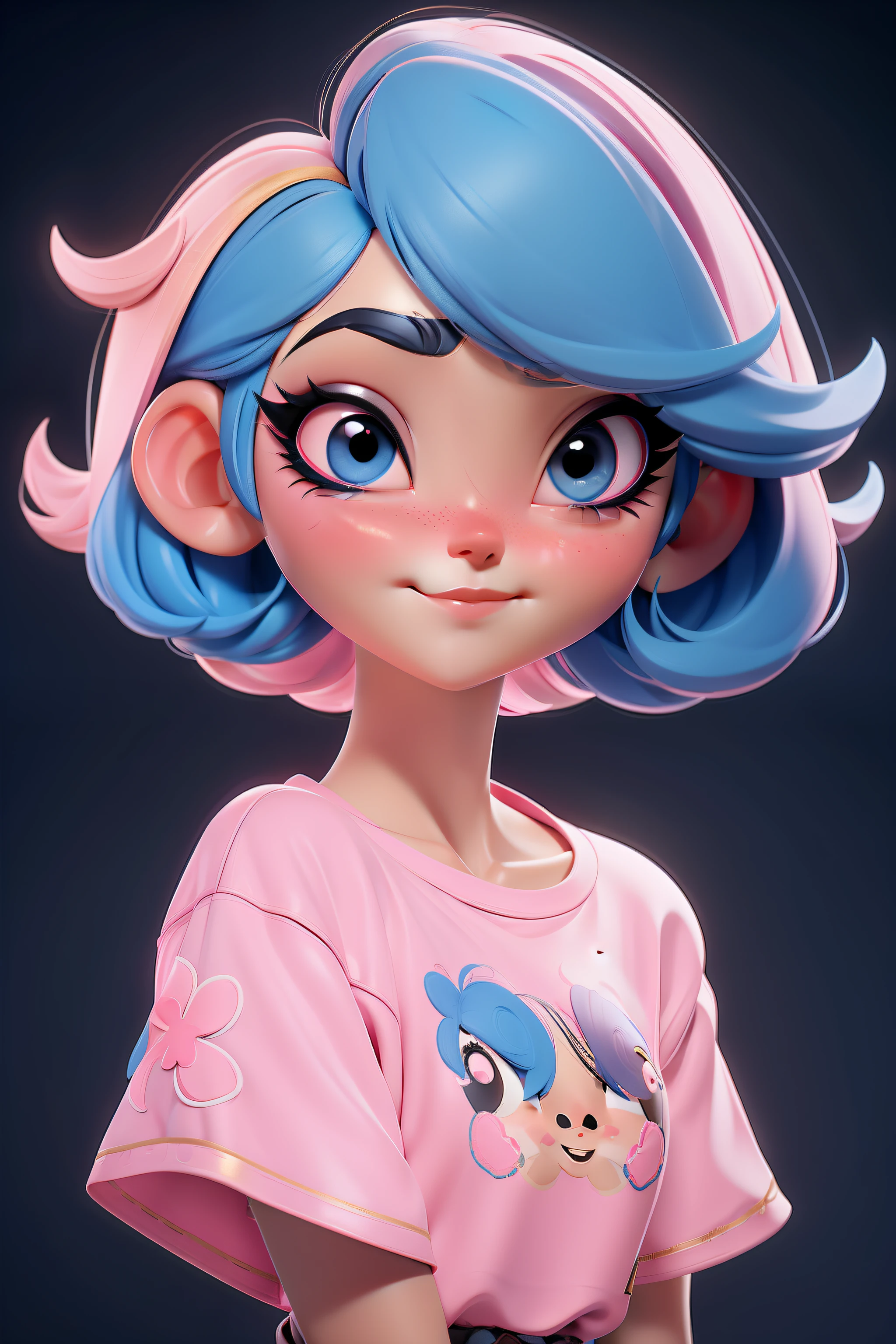 letter, 3D Face Pattern, Sweet and delicate girl, With short dyed hair ,Golden Girl,black makeup,long lashes,Pink T-shirt,black eyes ,blue hair