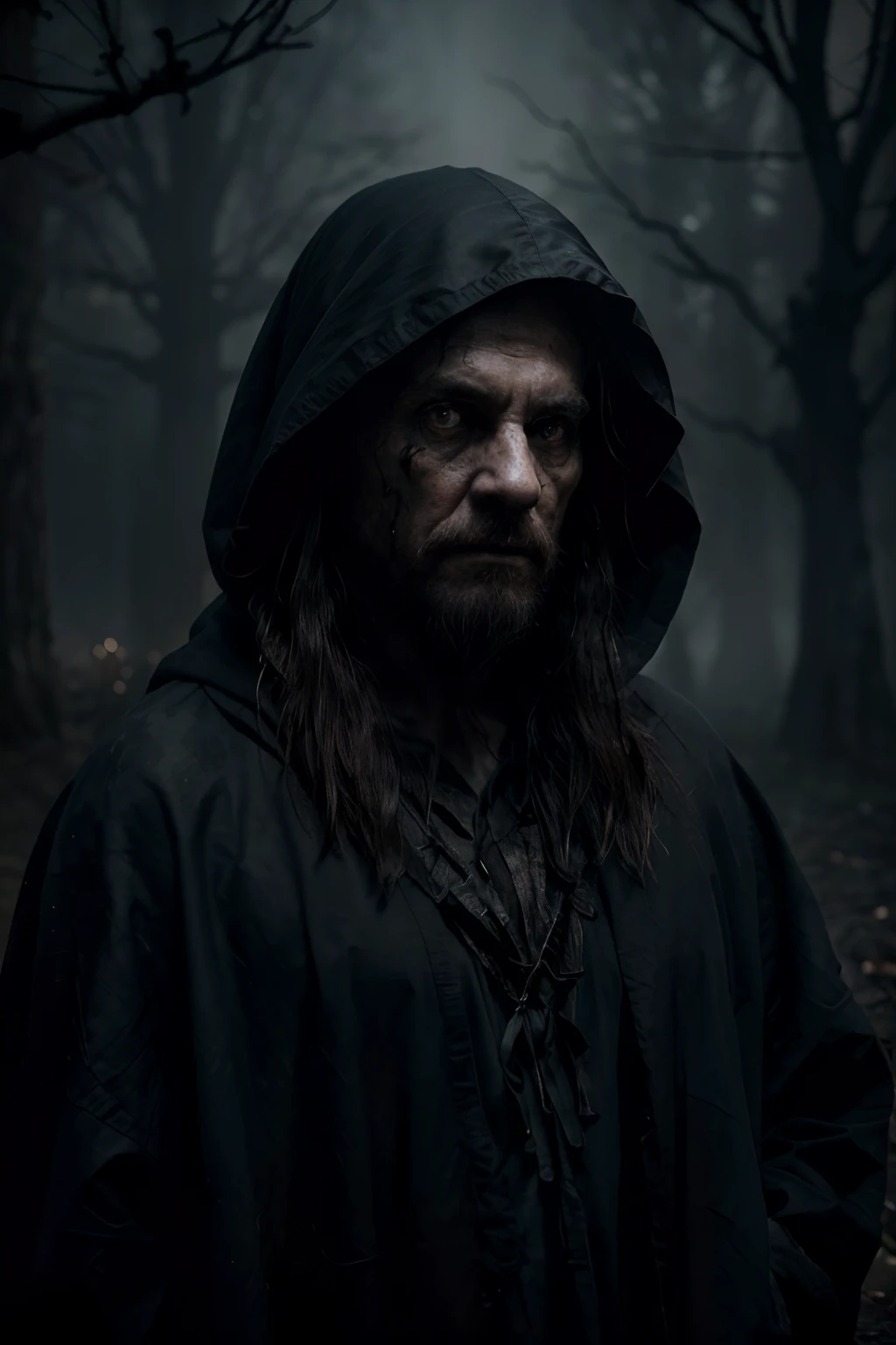(an old man with a dark cloak and long beard),scarred face, staff, (dark sorcerer),night, (dark environment), darkness, fog, blood, (best quality,4k,8k,highres,masterpiece:1.2),ultra-detailed,(realistic,photorealistic,photo-realistic:1.37),grim and mysterious, (eerie atmosphere), (sinister vibes), haunting presence, (ominous aura),(gloomy setting),(mystical energy),(subtle hints of magic),(intense shading),(chilling ambiance), (enchanted elements),(mysterious shadows),(forbidding atmosphere), (spooky vibes), (dramatic lighting), (haunting face), (intense gaze), (weathered appearance), (ancient wisdom)