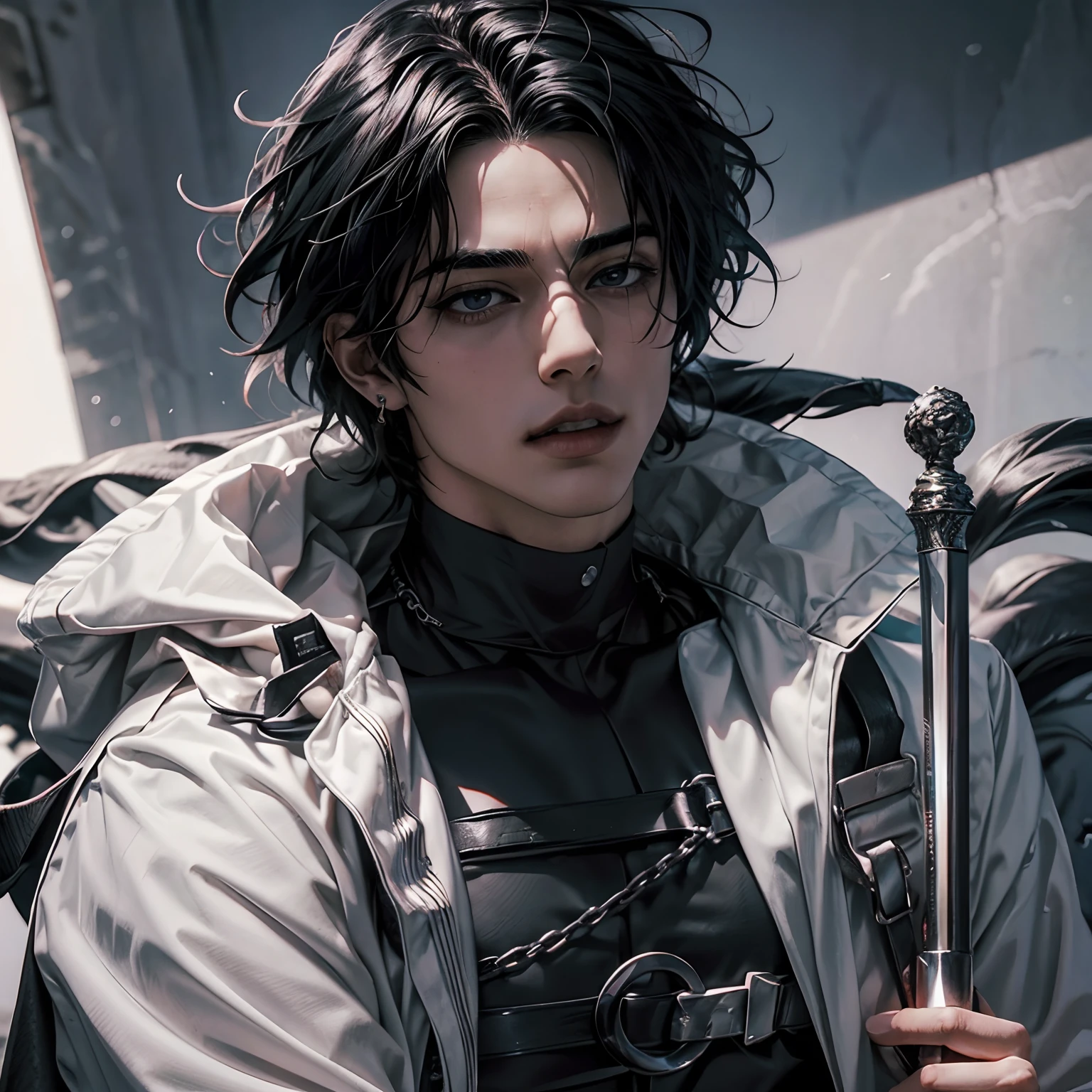 Manhwa Arte Europeo, 25 years old man, Pelo desordenado de la cabecera, Cabello negro azabache, ojos penetrantes, cejas gruesas, Llevar disfraz de vampiro, ojos amarillos, orejas punteagudas, colmillos salientes de su boca, sangre resbalando de su boca, amenazante, sexy, sensual, razor-sharp jawline, mirada penetrante, Cold and mysterious character, 8k, Detailed features, muy guapo, sonriente, actitud fiestera, ENTP, fiesta, traje de gala, cuerpo entero