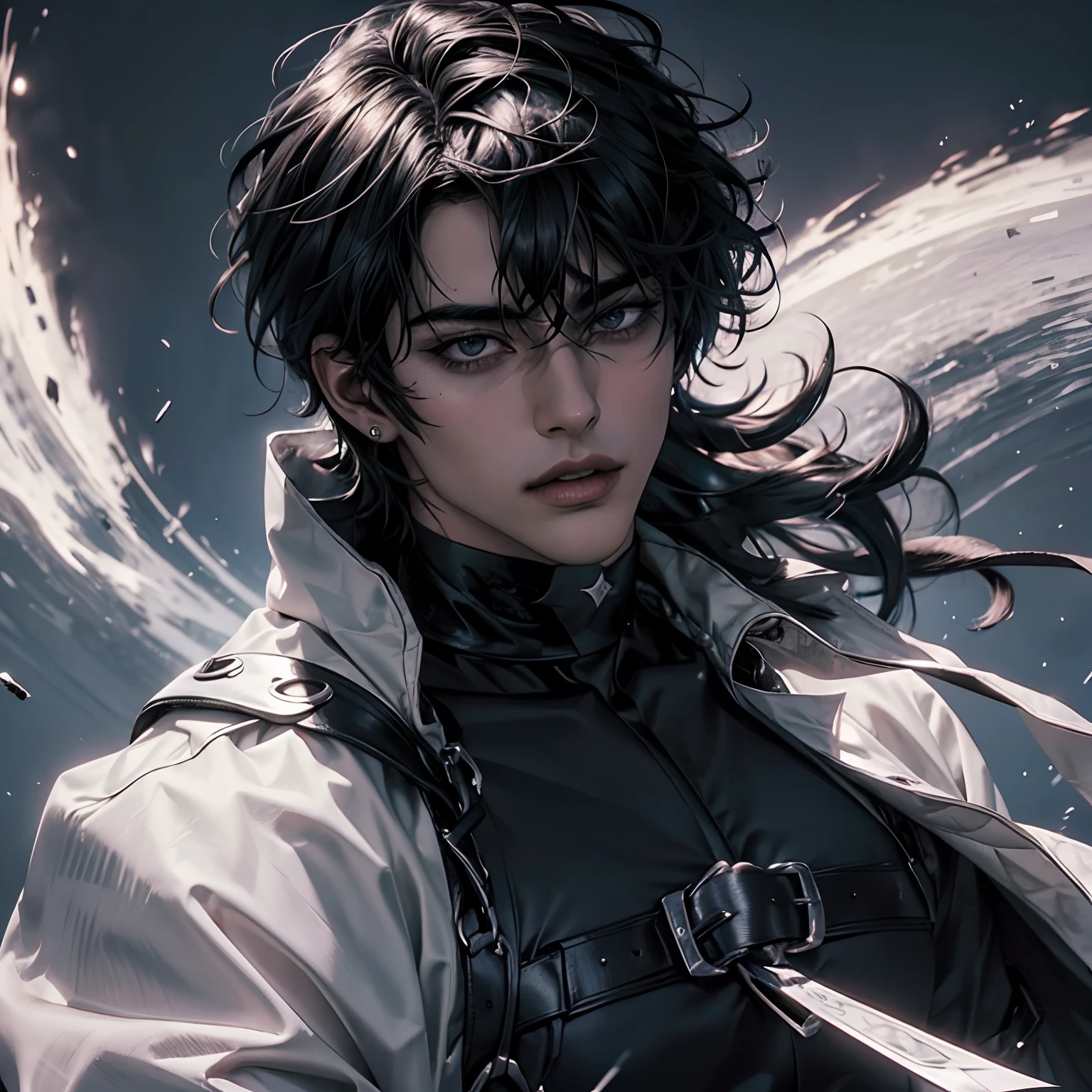 Manhwa Arte Europeo, 25 years old man, Pelo desordenado de la cabecera, Cabello negro azabache, ojos penetrantes, cejas gruesas, Llevar disfraz de vampiro, ojos amarillos, orejas punteagudas, colmillos salientes de su boca, sangre resbalando de su boca, amenazante, sexy, sensual, razor-sharp jawline, mirada penetrante, Cold and mysterious character, 8k, Detailed features, muy guapo, sonriente, actitud fiestera, ENTP, fiesta, traje de gala, cuerpo entero