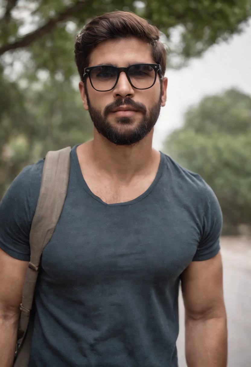 Rapaz, standingn, de costas, numa parada de onibus no Brasil, num dia nublado e de chuva. 21 anos, in black jeans, blusa preta, tenis preto, com uma mochila pesada preta nas costas, segurando um guarda chuva preto. Possui, cabelo curto, quase raspado nas laterias, barba curta, strong upper arms, e usa oculos de alto grau. Triteza, cansaso.