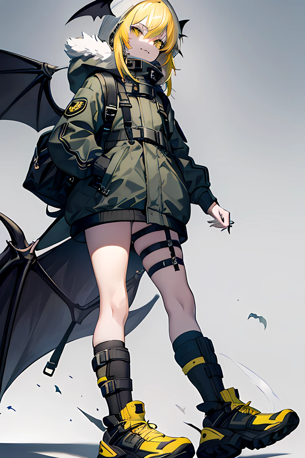 1girl,, light yellow hair, grey shark beanie, dark green down jacket with white furry hood, big black boots, sharp teeth, smug, big black backpack, small bat wings with piercings, wasteland