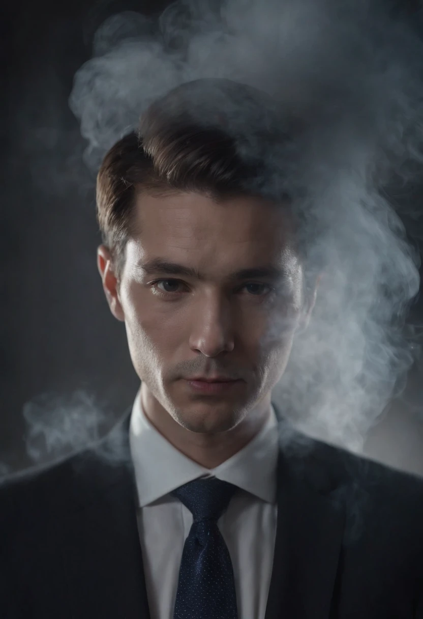 A portrait of a person wearing a suit, their face is unrecognizable, where the head would be just looks like dark particle smoke, blank background