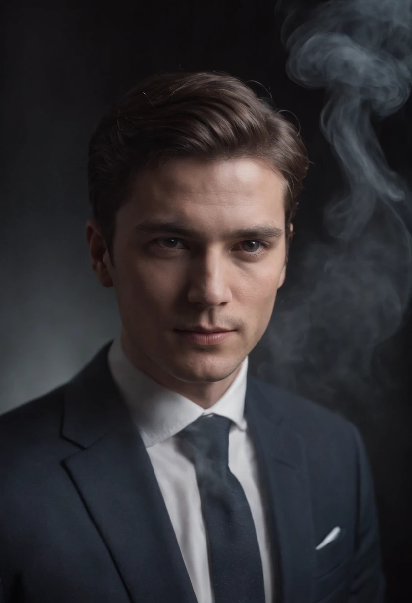 A portrait of a person wearing a suit, their face is unrecognizable, where the head would be just looks like dark particle smoke, blank background