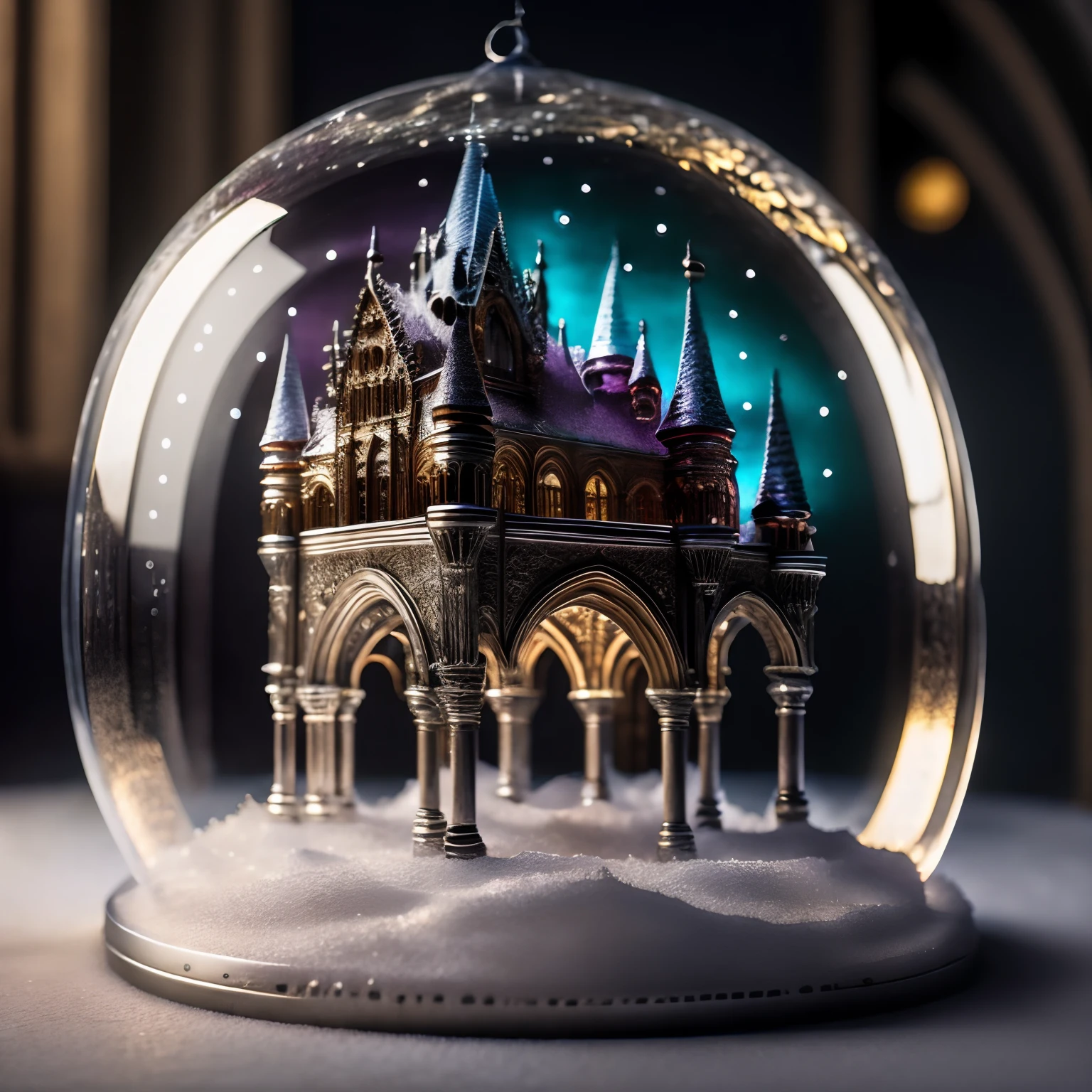 Модель RPG Bubble | Concept Glass , Gothic castle made of silver ! Standing on the background of a winter landscape , The sun is shining on the castle,  Front light,Ultra-detailed,(Realistic,Photorealistic,photo-realistic:1.37),,An abundance of colors, Bright colors ,Highly detailed,soft-lighting,