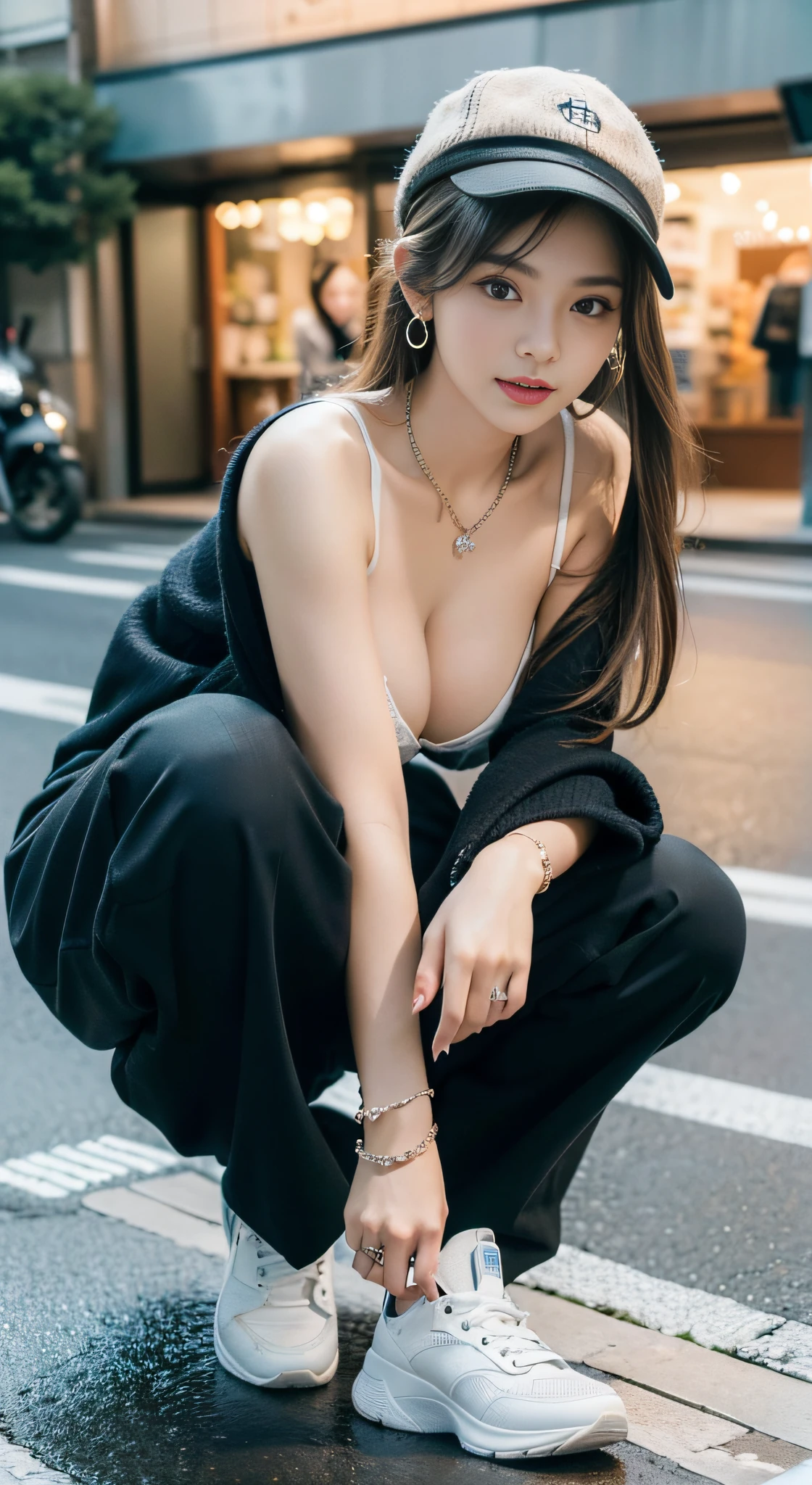(((32K,very high res, high detailing, highly accurate,Masterpiece Girl 1:1.5))),Raw photo & realistic atmosphere,beautiful dark blue eyes,Detailed mouth,Glossy lips,Detailed eyebrows,Soft white skin that shines with every detail,,Eyes drawn in detail、Very beautiful eyes with azure eyes,Detailed lips、Very beautiful face,Very well-formed face、Lifelike face,shiny beautiful lips,Beautiful eyebrows,Infinite reality,Best design,(Insanely cute Japan 16-year-old high school girl,,Beautifully shaped breasts,Very cute beautiful girl,Little Girl,Healthy body,Outstanding style:1.5),Best Natural Makeup,Japanese ido,Korean Idols,Young sensual idol,Moist eyes,Dark Beautiful Deep Eyes,Beautiful butt,beauty legs,,camel's foot,:1.3),超A high resolution、,Natural and realistic face,Back lighting,Pure eyes are too cute,(((photorealisim,Photograph the whole body))),,Reality Live Action,(Fashionable earrings,,a necklace,A bracelet,gyuru,Glossy nail art,Women's Teens Street Winter Casual Fashion,Down coat,Black pants,white shoe,Hats,Calm and fashionable girl,light brown hair,short-hair,Ear Hair,独奏,little smiling,full body Esbian,Show full-body fashion,sitting cross-legs,Show me your white shoes, Only beauty young cute 15 year old girl,A rather petite and very cute 15-year-old girl:1.7),Night in Shibuya