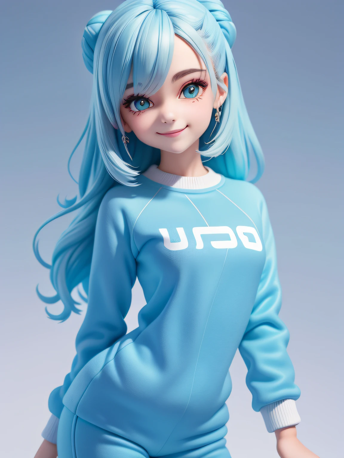 (tmasterpiece), (best qualityer), (ultra - detailed), (full bodyesbian: 1.2) Cute cute girl, Manchester City's sweatshirt, Sky blue knitted jumpsuit, Pants, jaket, blouse, Hefty Smile, full bodyesbian, :3, Pastel tonal background , Extremely colorful，، simple.