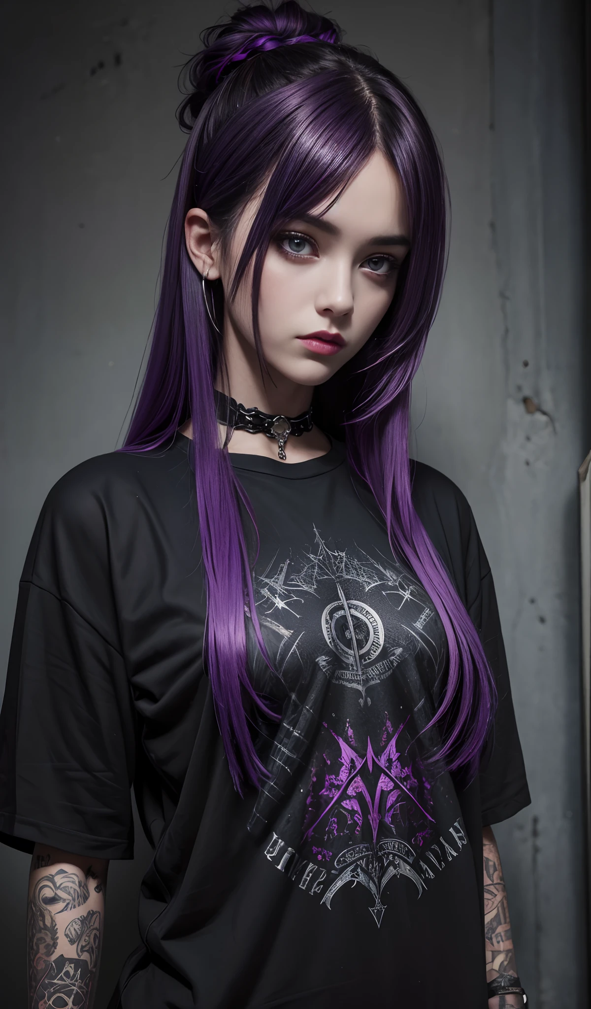 A girl with purple hair wearing a black shirt, gothic art, many details, she is wearing streetwear, ultra realistic image, dark hair, beautiful appearance, gothic girl