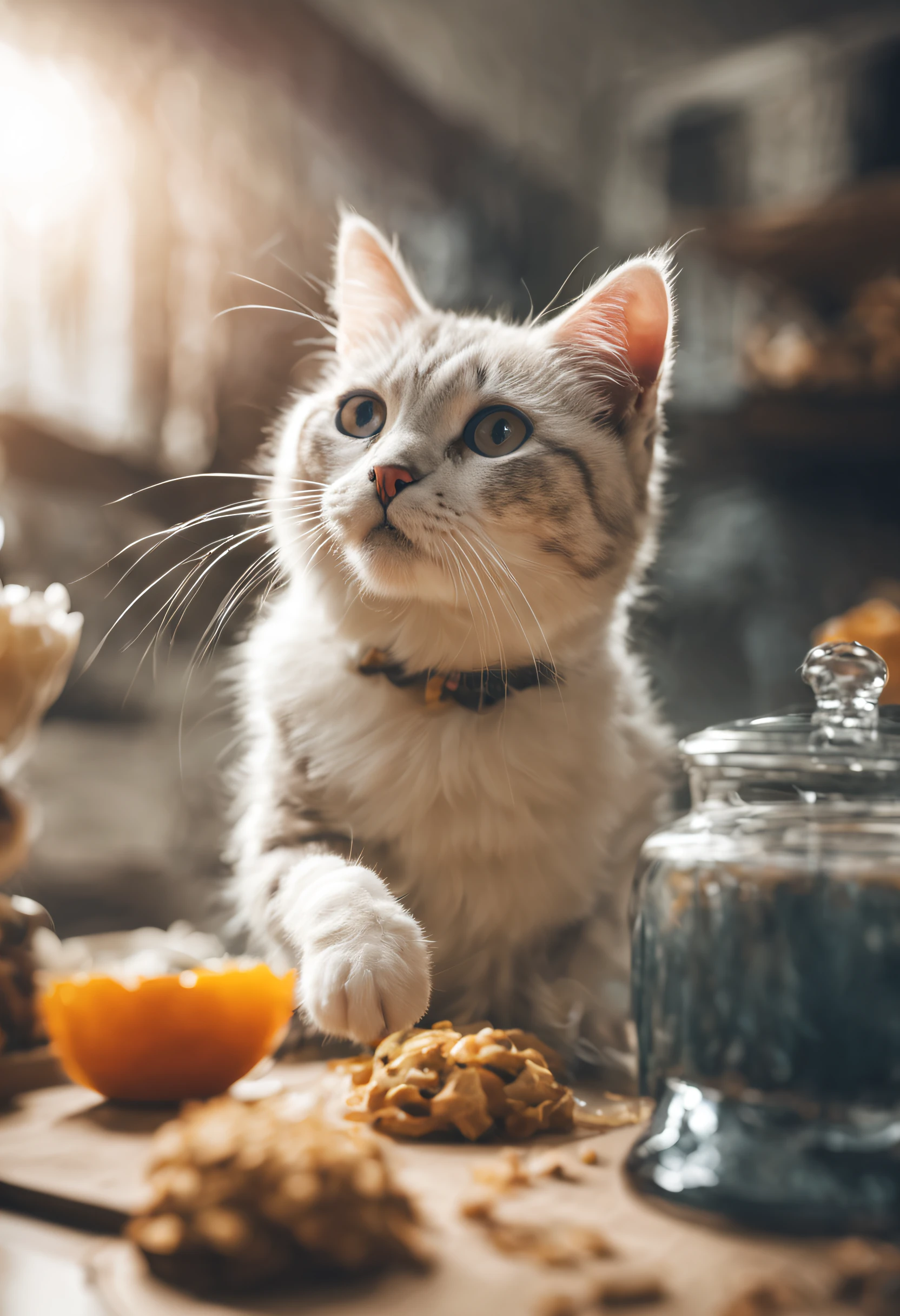 Close up photography(The cute cat is preparing a bunch of treats on the table:1.2),(c4ttitude:1.3),Clean kitchen in glass technology,Ultra photo realsisim,Complicated details,(mist:1.1),POV from below