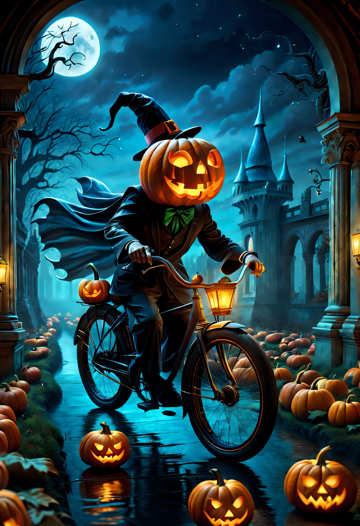 (Best quality,4K,8K,A high resolution,Masterpiece:1.2),Ultra-detailed,(Realistic,Photorealistic,photo-realistic:1.37),Dark background,Dark atmosphere,Dark theme,Creepy,unnerving,Pumpkin ghost riding a bike,A disturbing pumpkin ghost on a bike,Pumpkin ghost on a bike,Pumpkin ghost on a bike,mysterious,Subtle curls,Translucent appearance,sinister,But attractive,Spooky,Unsettling appearance,during night,Chilling,Scary,Vivid colors,Gloomy,haunting,Black background,A mysterious and disturbing pumpkin ghost rides a bike,(Extremely detailed CG unifies 8K, 8K, Diamond, and Wallpaper),(((Masterpiece))), (((Best quality))), ((Ultra-detailed)), (Best Illustration),(Best shadow), ((An extremely delicate and beautiful)),Dynamic Angle,Floating, in wonderland,Dynamic Angle,flower  sea,Beautiful detailed garden,Wind,classic,Spring, (Detailed light),feater, Nature, (Sunlight), River, forest,(((Floating palace))),((the best building)),Beautiful and delicate water,(Painting),(Sketch),(full bloom),(Shine),Very dim red light, Very dim blue light, Dark background, very photoreal, surreal dreamscape, Vibrant colors, Ethereal atmosphere, Fantasy landscape, Illustration by Salvador Dalí and Rene Magritte, Highly detailed, acrycle painting, Whimsical, magical, Talking animals, Anthropomorphic creatures, Expressive faces, Animated lines, Slender and fluffy, Pastel tones, Dreamy lighting, prime time, Hazy atmosphere, painterly style, Soft brushstrokes, magic realism