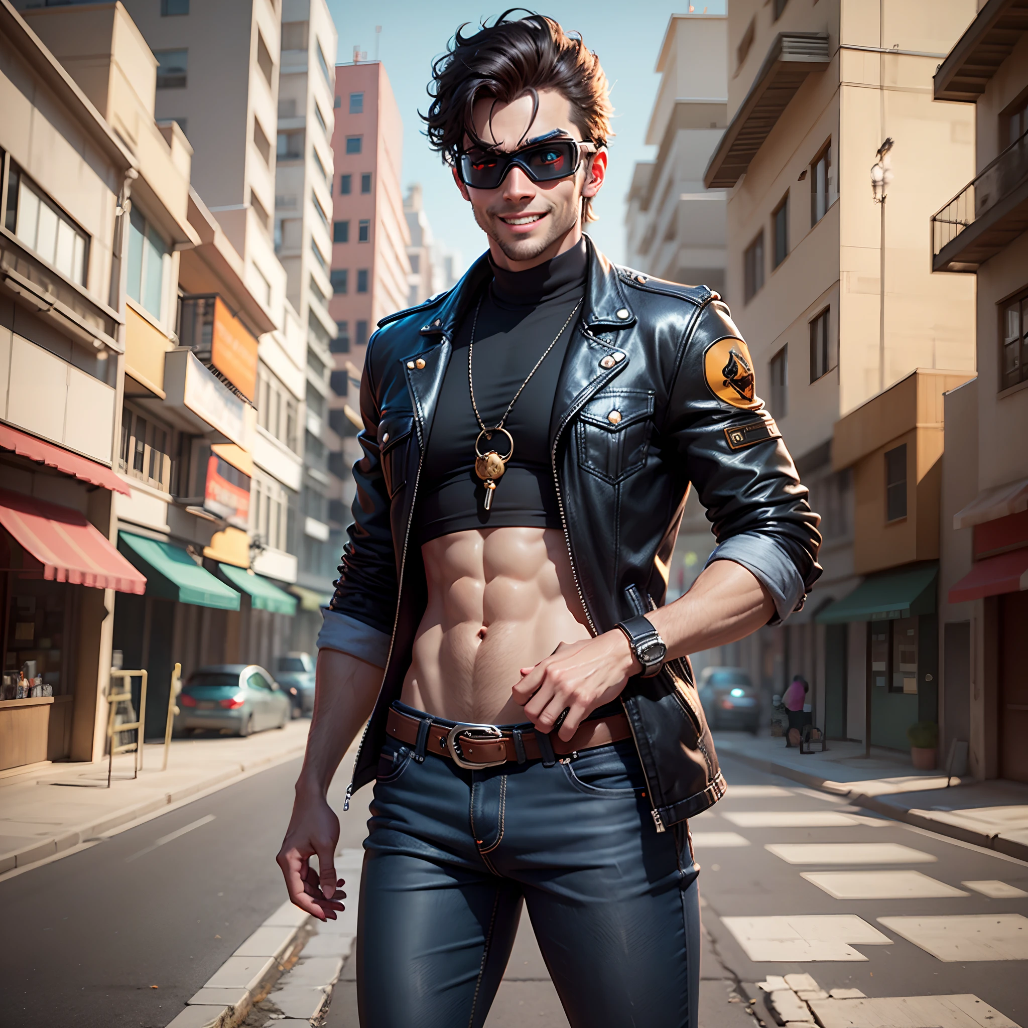 mascote homen, wearing goggles, black jeans pants, jaqueta de couro na cor laranja, rosto sorridente, Estilo disney da Pixar, estilo ..3d render ilustracao, 8k, corpo inteiro, fofo --auto --s2
