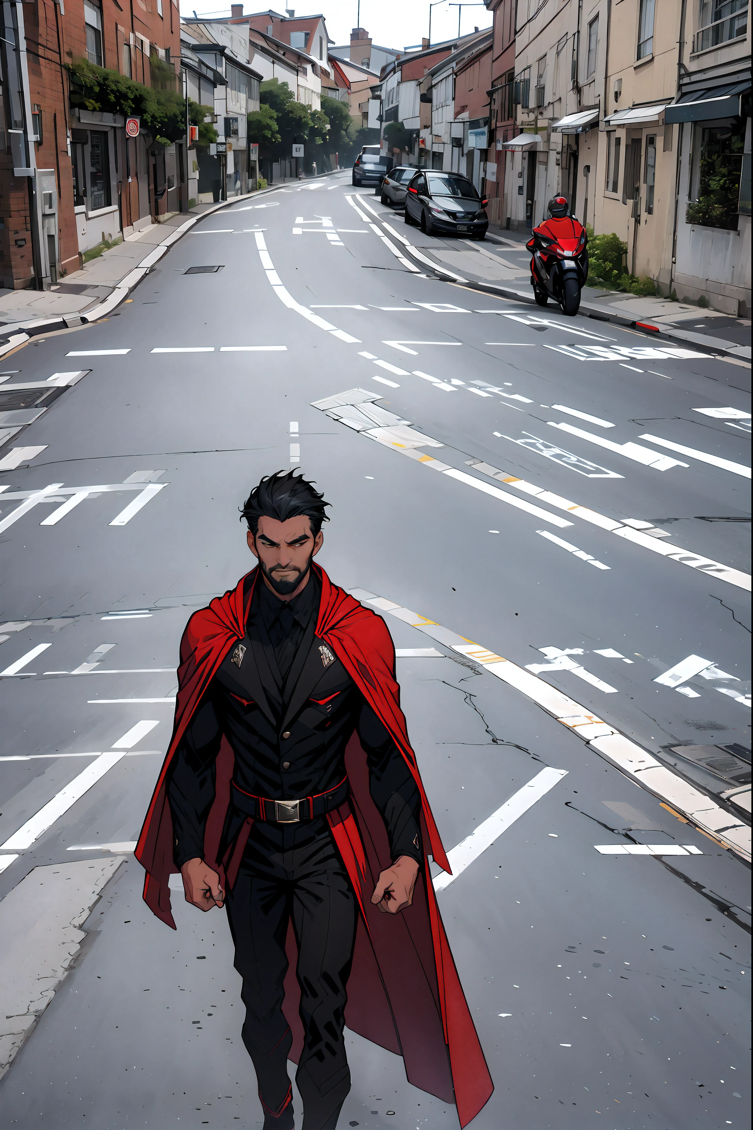suupaadorakyura wearing red cape and black suit, leaving town, walking, extreme quality