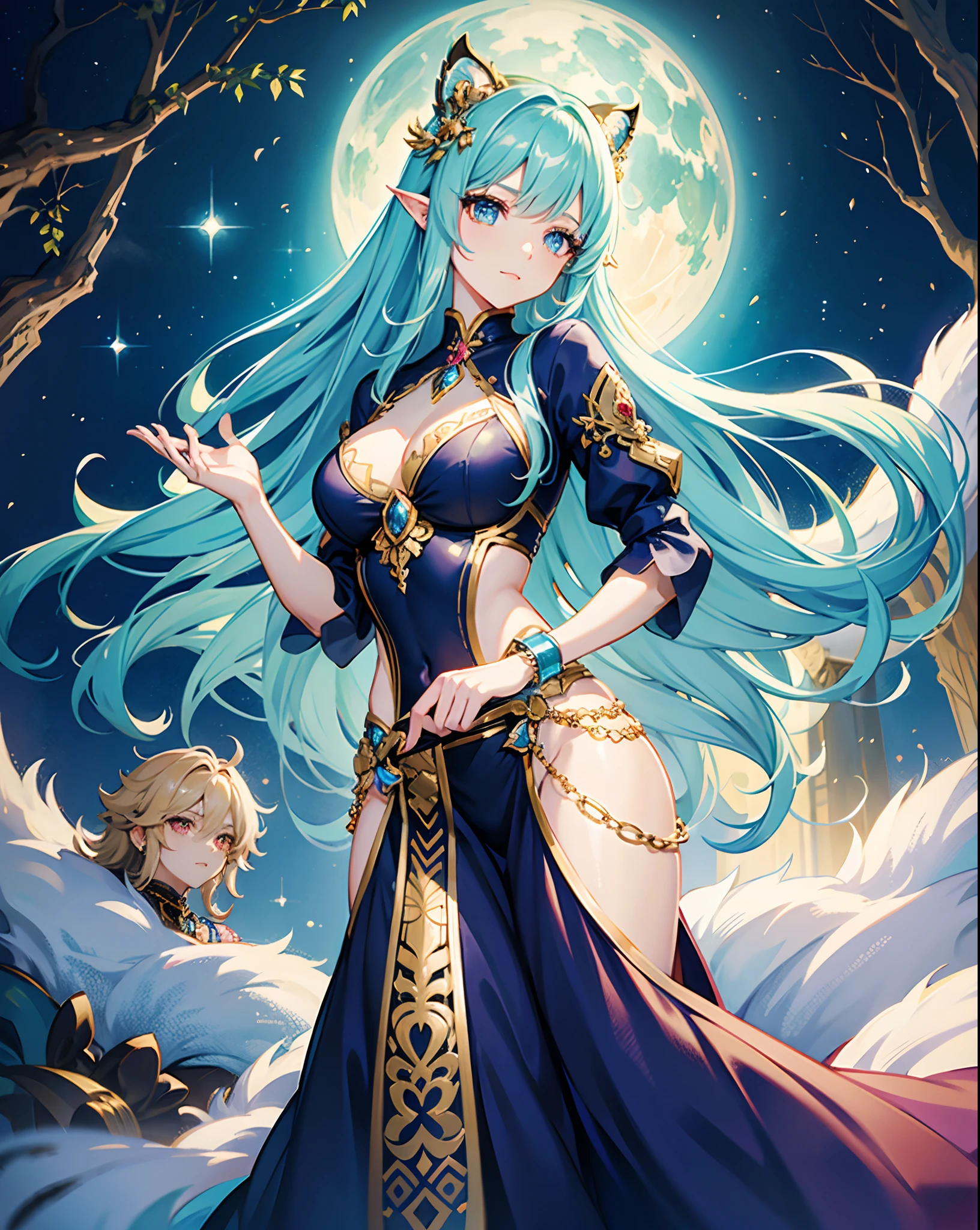 an anime girl, perfect pretty face, silky pretty hair, fantasy hair, exotic hair color (surprise me), fantasy eyes, beautiful eyes, looking charming and bright, expressing emotions, wearing fantasy delicate tops and shorts, ultra detailed exotic and exciting outfit, with abundant jewelry, omit ugly hands, she’s in an exotic beautiful fantasy land, detailed background , theatrical lighting, fairytale and cozy atmospheres