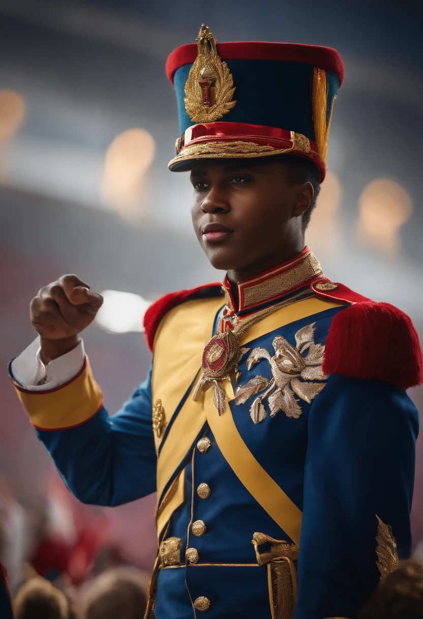 Create a dick-style character in marching band uniform with the red right side blouse and blue left side with gold stripe and a lightning bolt symbol