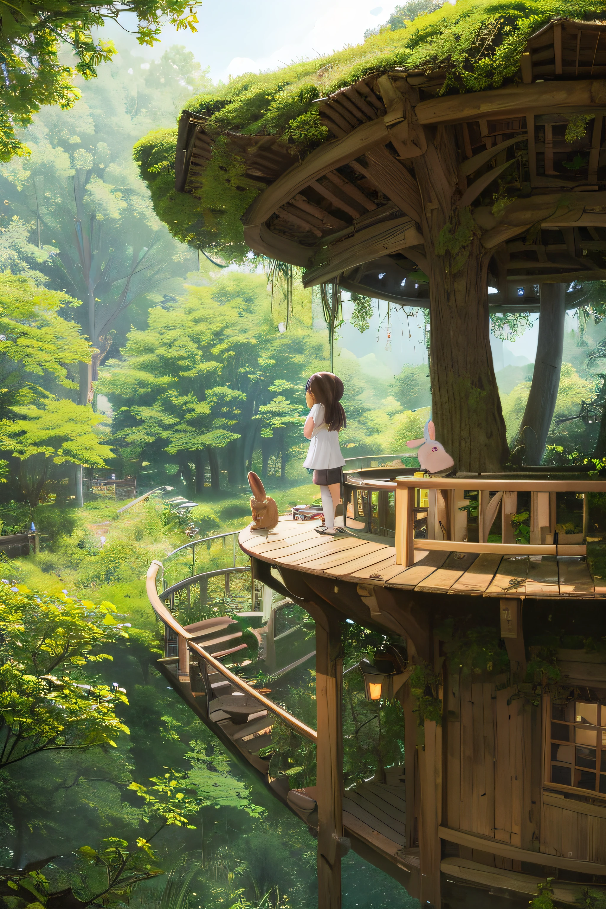 a with his rabbit discovering a charming, overgrown treehouse hidden amidst the trees.