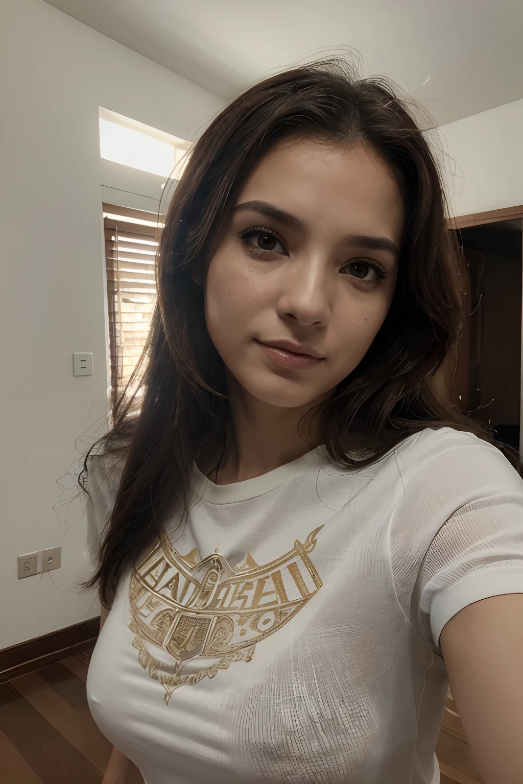(Uma foto HD 8k ultra-detalhada, Absurd high-resolution masterpiece, melhor qualidade bruta: 1.2) e (Uma bela latina tirando selfies no eespelho) seu olhar serio, cara de brava, com uma camisa branca transparente