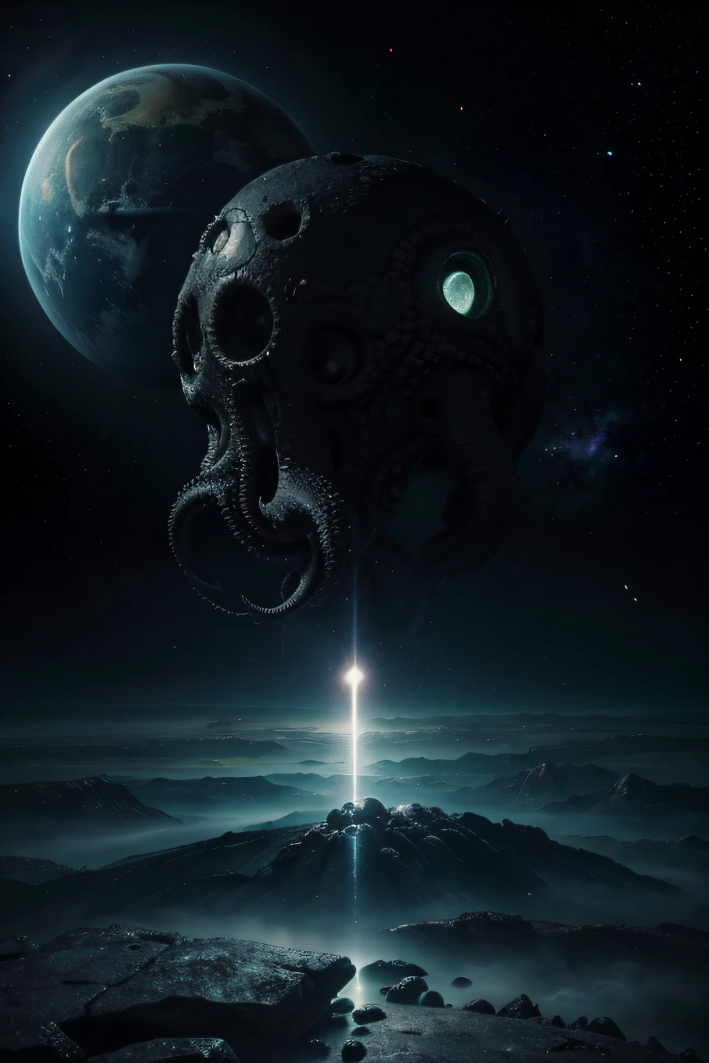 There's a planet in the middle, Tentacles of the universe, Lovecraft's Inspiration, Lovecraft's Cosmic Fear, Paisagem infernal de Lovecraft, Filmes de fantasia gotico e terror espacial, Atmosfera inspirada em Lovecraft, Lovecraftiano, Planet in open space, sem pessoas