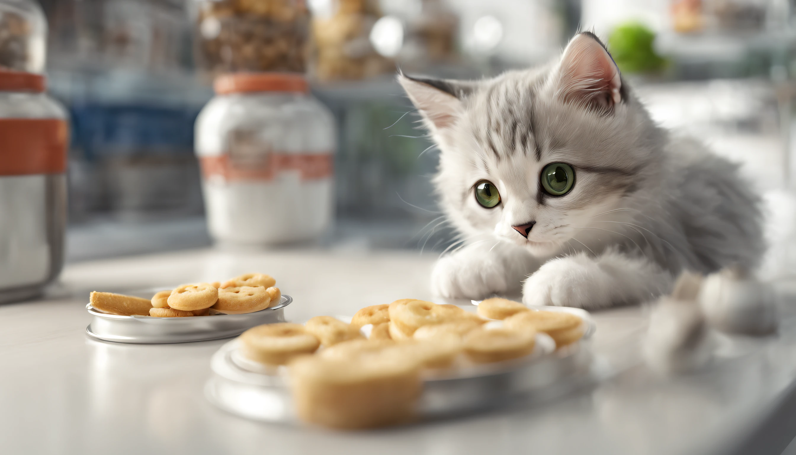 Close up photography（white colors+A little gray cute cat opened a snack shop，Chase Snack 1.2），（c4ttitude：1.3），In a lovely shop，Ultra photo realsisim，Complicated details，With collar（mist：1.1），POV from below