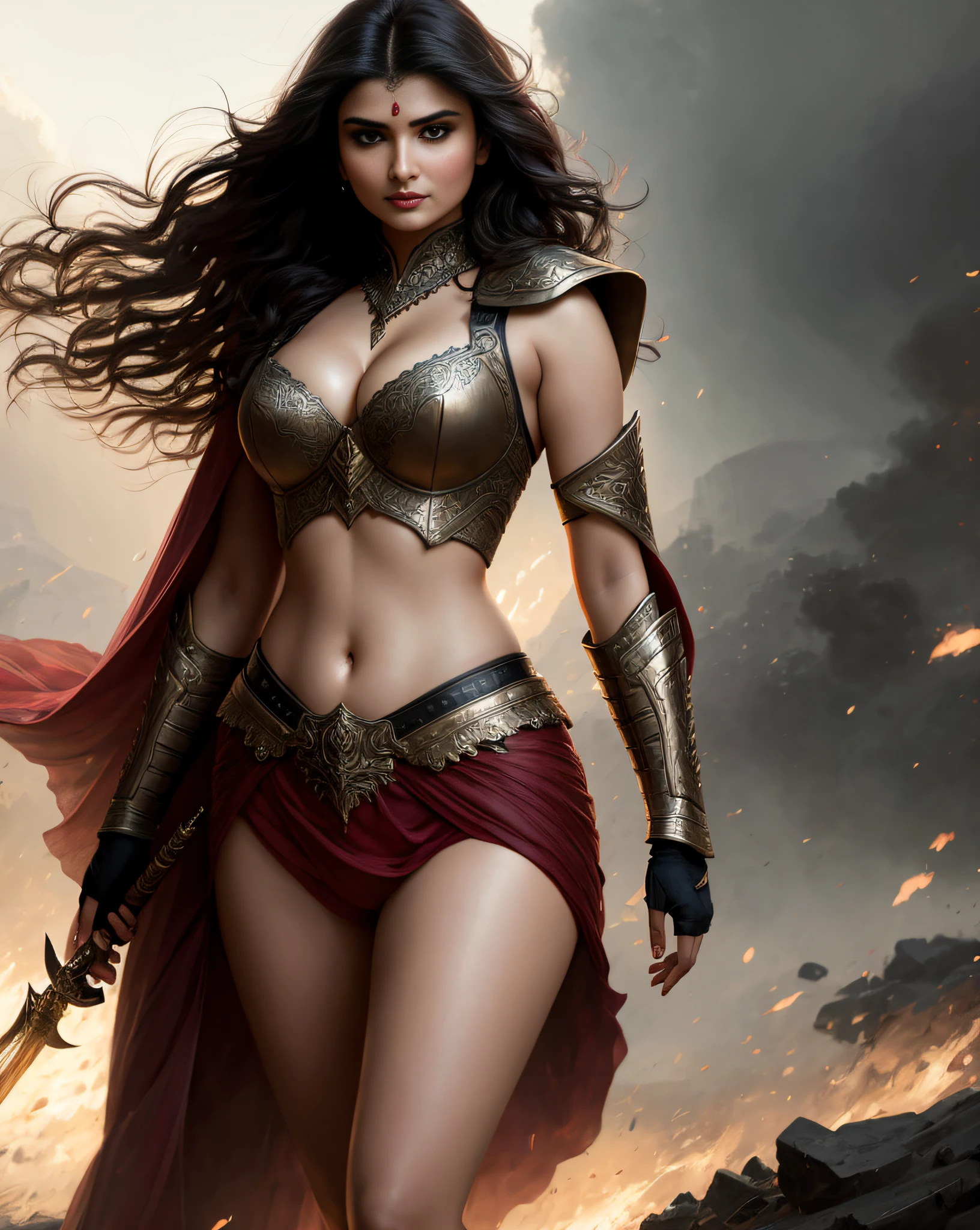 (masterpiece digital painting) of a (solo:1.3) ravishing sensuous curvy warrior woman Aishwarya Prachi Desai, walking in a apocalyptic battle scene, wearing fractal engraved armour, intricate robes & cape, battle ready, navel, cleavage, (flowing wavy backlit hair), cinematic dramatic scene, lustful glance, (captivating kohl lined eyes:1.3), (passionate expression:1.3) apocalyptic atmosphere, dramatic lighting, depth of field, backlit, light rays, highly detailed, trending on artstation, paint splashes, rich colour, epic portrait, by Ron hicks & Atey Ghailan